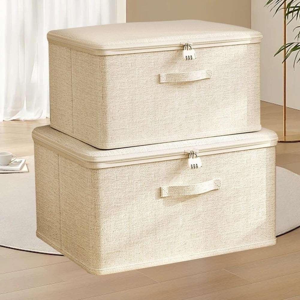 Caja de almacenamiento, 1 paquete organizador de tela, contenedor plegable para ropa, suéteres, colchas, contenedor apilable de lino de algodón con tablero reforzado, organización del hogar que ahorra