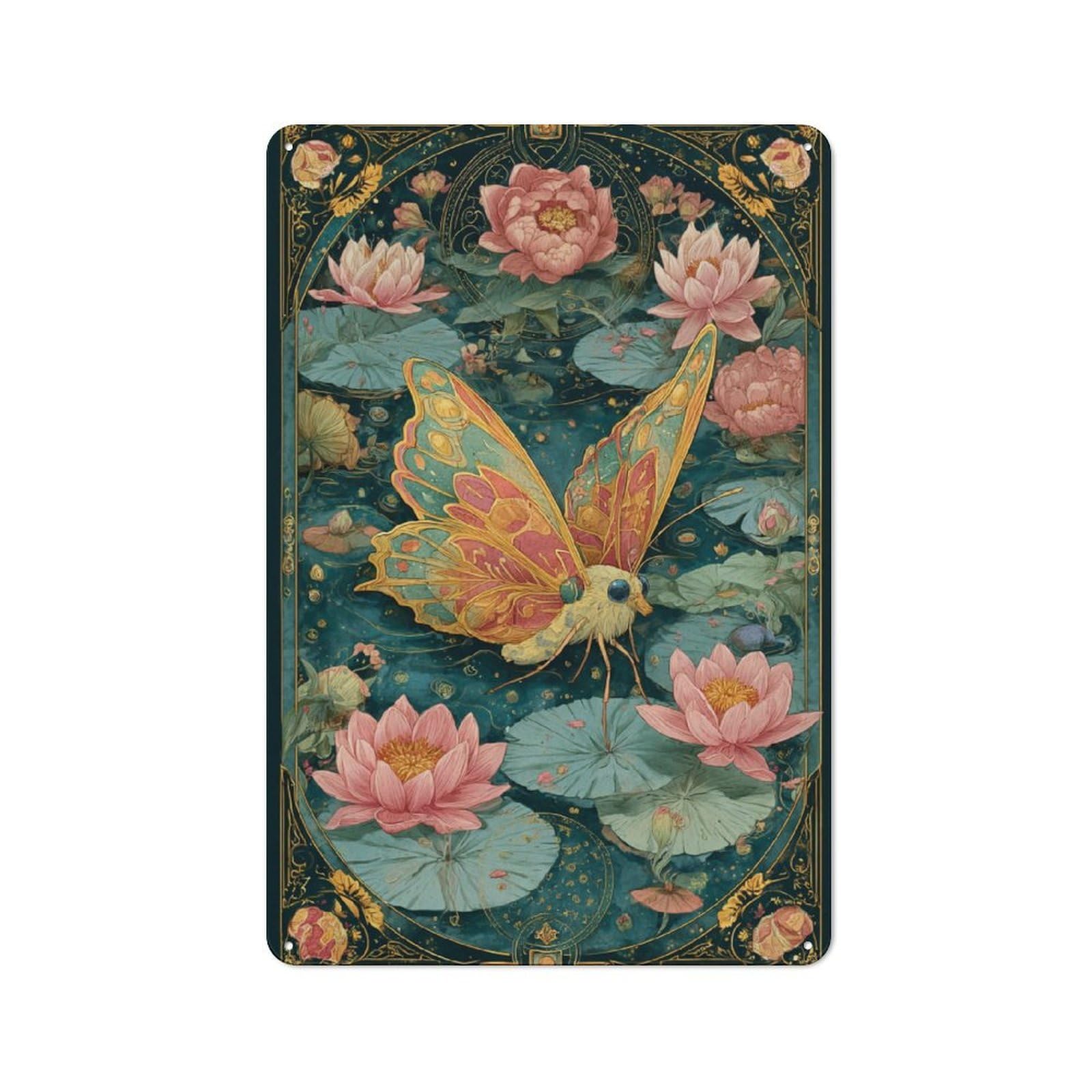 Junmoney Enchanted Lotus & Butterfly Vintage Printed Metal Sign 30X20cm For Workshop Wall, A Decorative Gift For A Newly Furnished Workshop