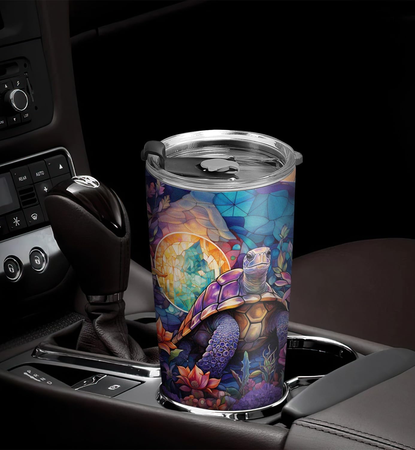 20oz Purple Stained Glass Flower Sea Turtle Tumbler, Gifts for Turtle Lovers, Ocean, Beach Gifts, Coffee Tumbler for Women, Stainless Steel Double Wall Vacuum Insulated Coffee Mug, Travel Cup with Lid