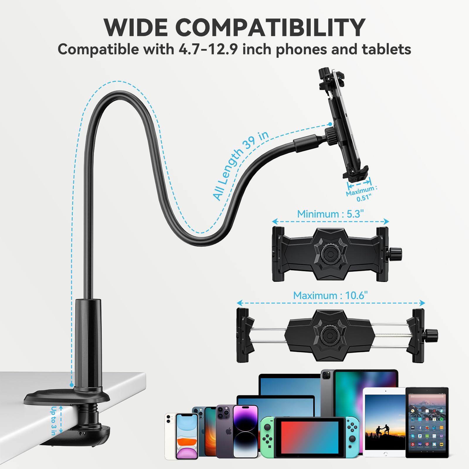 Support Tablette Col De Cygne - Bras Réglable 99 Cm, Base Clip, Compatible 4.7-12.9"