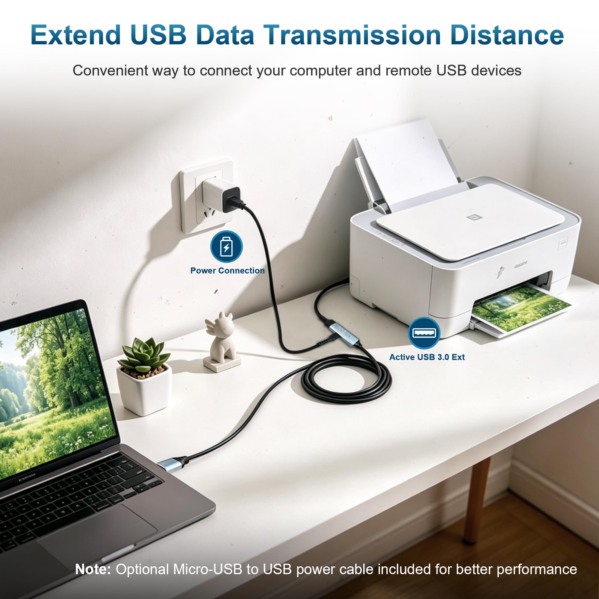 Tan QY Aktives USB-3.0-Verlängerungskabel, Typ A-Stecker auf A-Buchse, Verlängerungskabel mit 2 Verlängerungs-Chipsätzen, Signalverstärker und 1 USB-C-Ladeanschluss, für Webcam, USB-Hub, Kamera