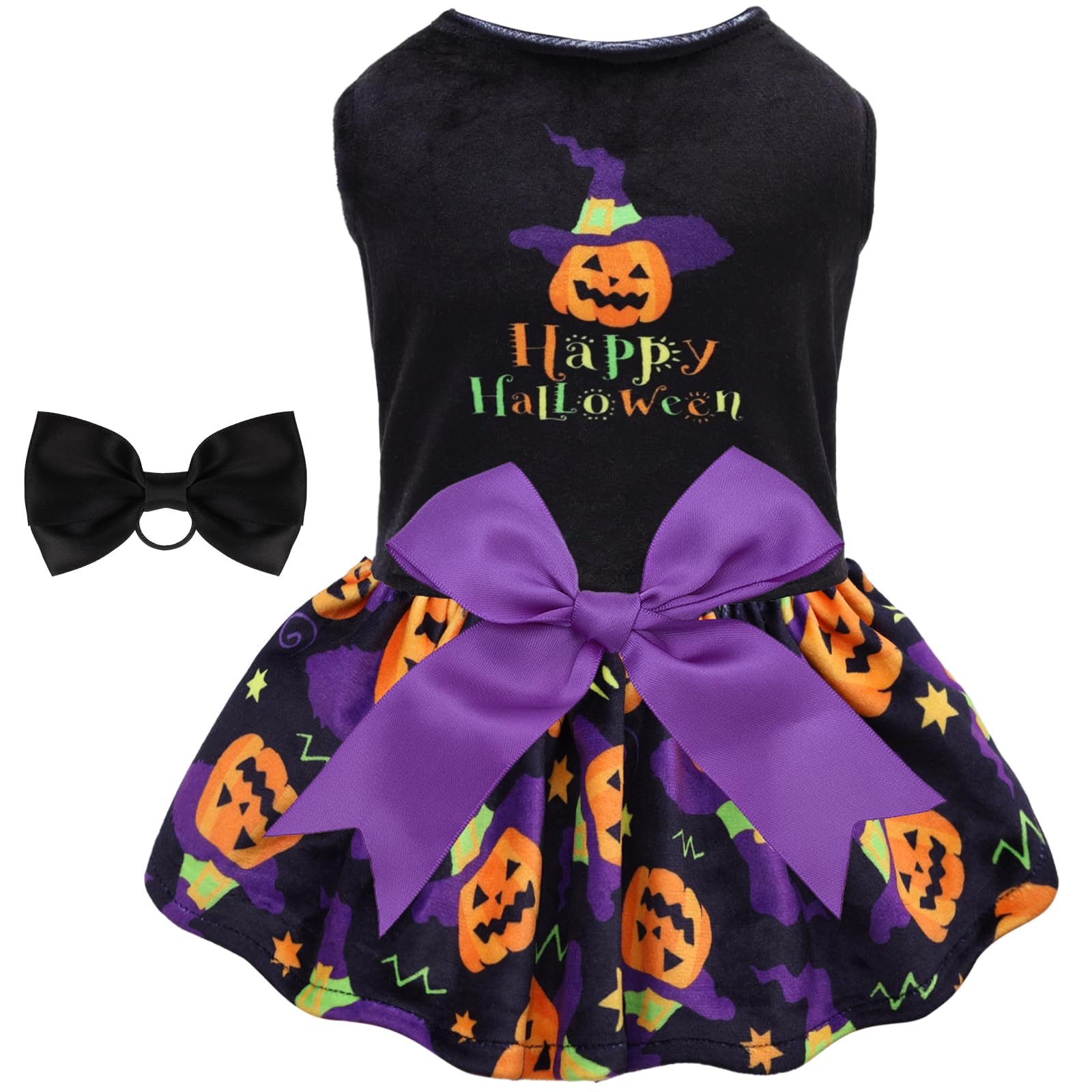 CuteBone Halloween Dog Dresses Velvet Holiday Small Dogs Clothes Onesie Pet Apparel Girl Puppy Skirt with Bow Hair Rope