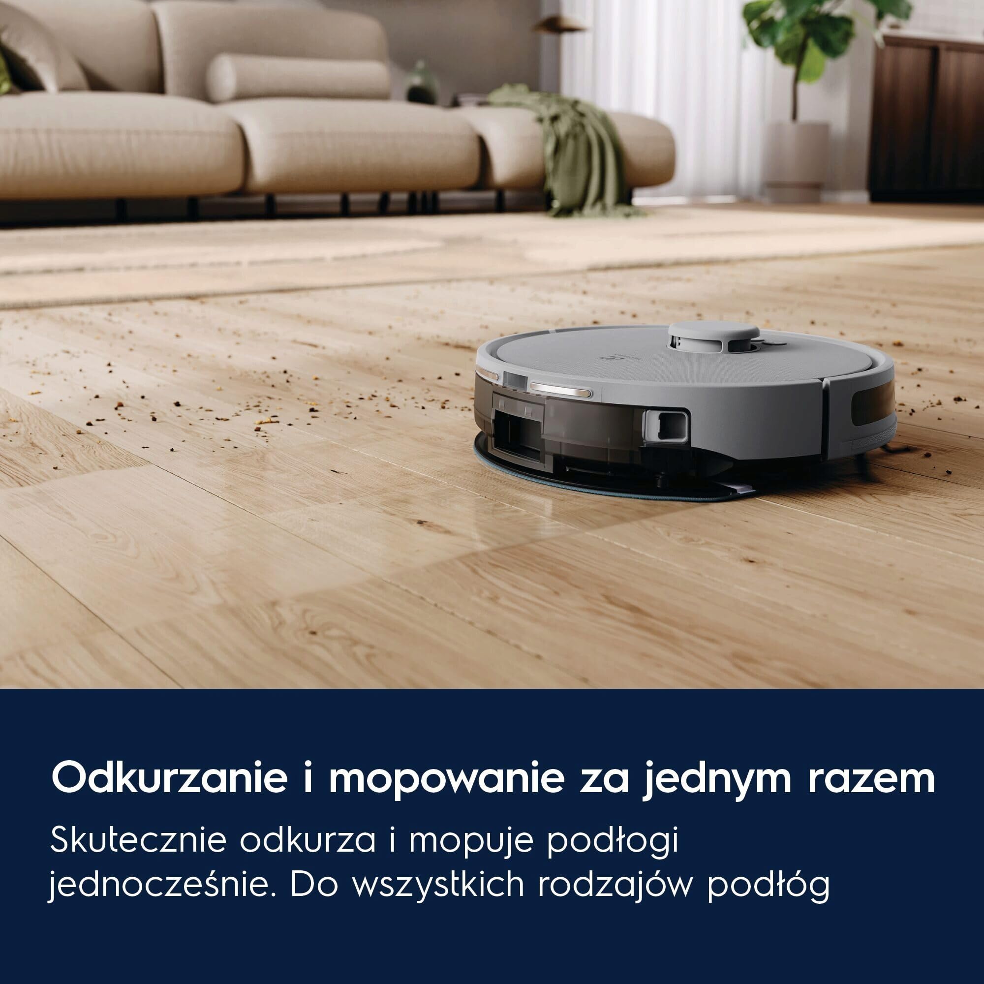 Electrolux Robot Sprzątający Hygienic 700 ER71HW1UG, Mapowanie podłóg LiDAR, Mocne ssanie 4000 Pa, Kompatybilny z WiFi 2,4 GHz na iOS i Androidzie, 175 minut, 0,28L, 140 m², Miejski Szary