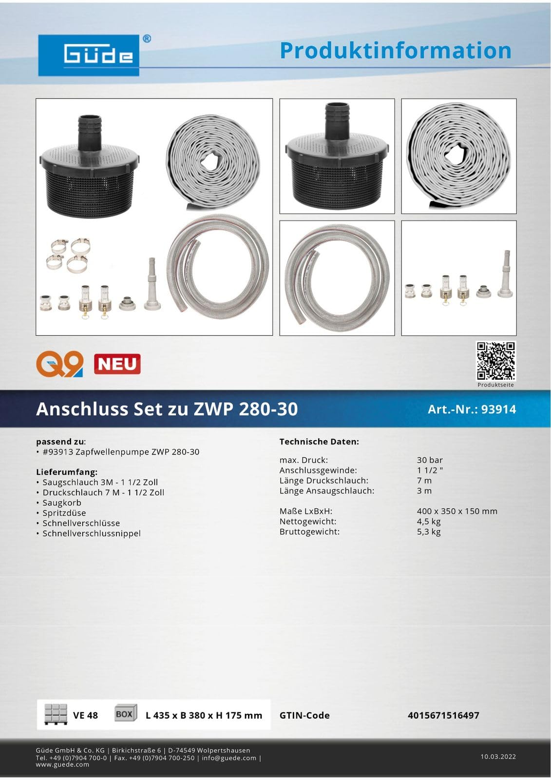 Güde Juego de accesorios de conexión para bomba de árbol de gasolina ZWP 280-30.