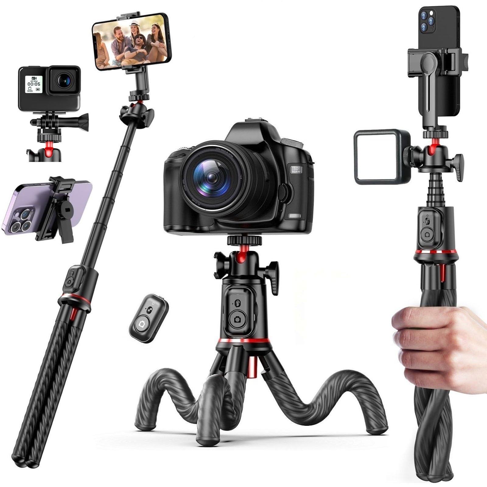 Flexible Phone Tripod Selfie Stick, Octopus Camera Tripod iPhone Holder Stand with Cold Shoe Mount, Travel Tripod Flexible Legs for iPhone Android