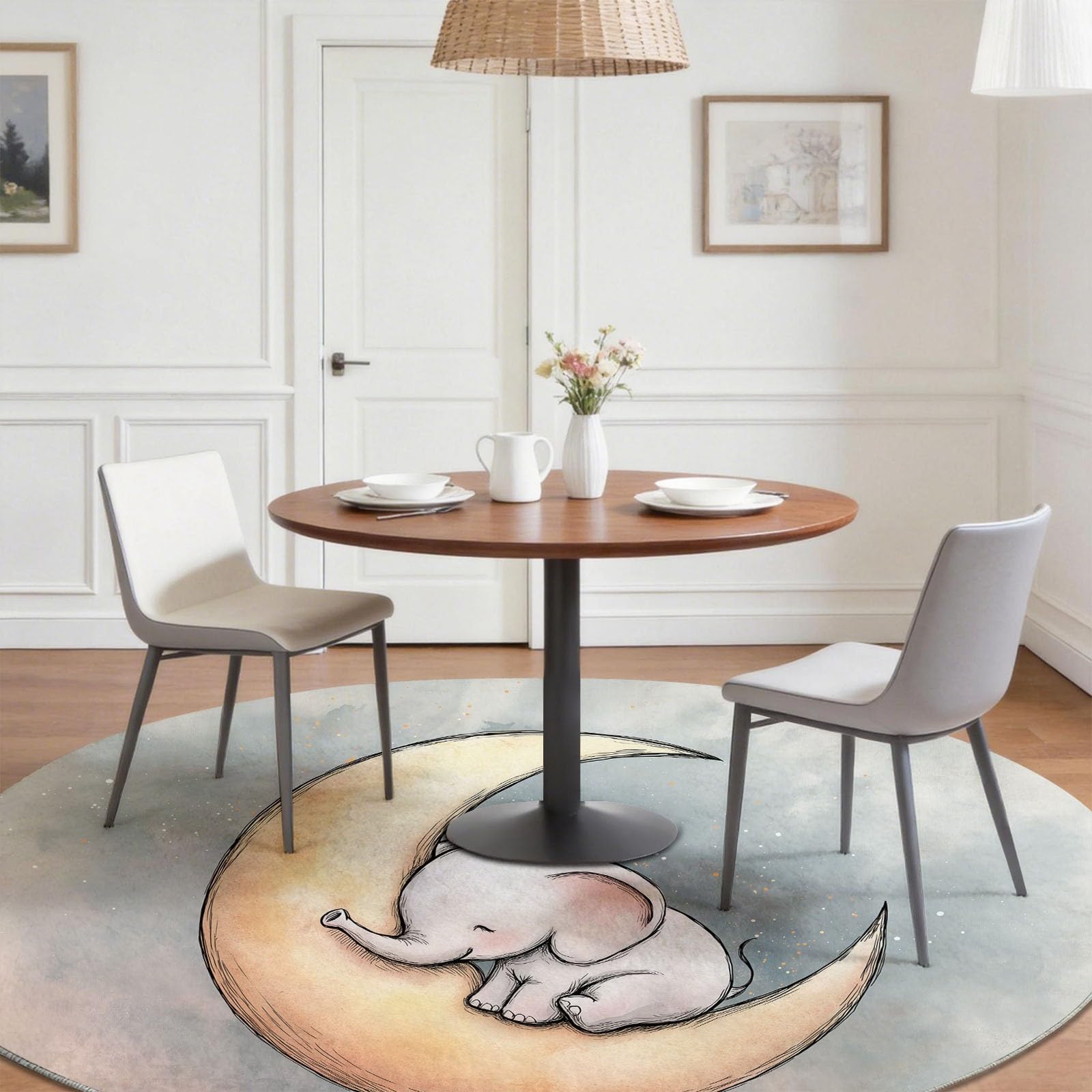 Générique Éléphant Tapis Rond 100 cm, Lavable & Antidérapant, Dessin Animé Mignon Animal Lune Tapis de Salon Doux Poil Ras pour Chambre & Bureau, Rose Grisâtre