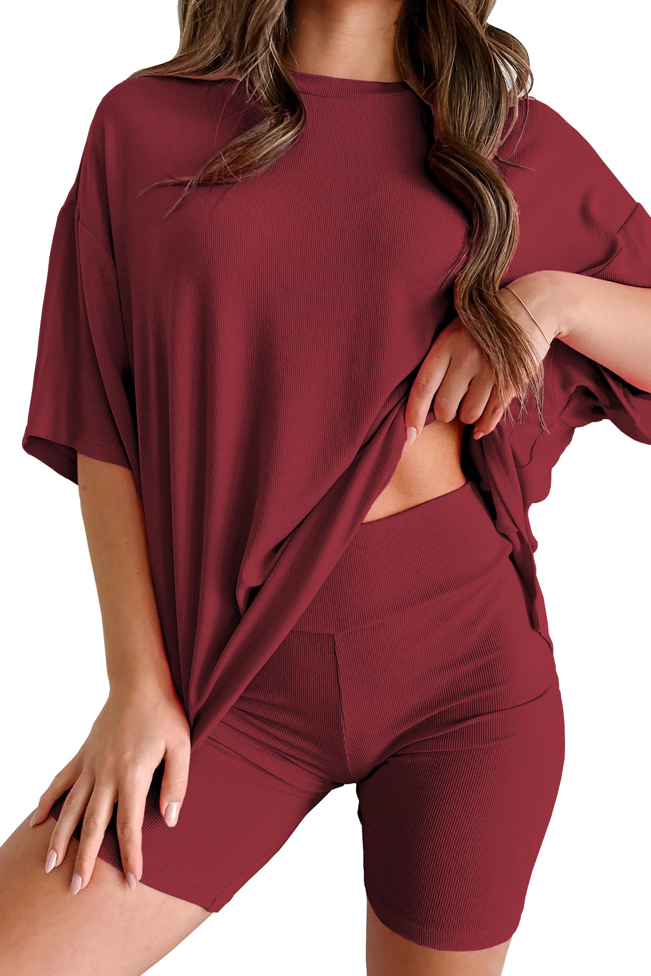 Huniam Womens 2 Piece Lounge Set 2026 Summer Travel Outfit Casual Short Sleeve Oversized Tshirts & Biker Shorts