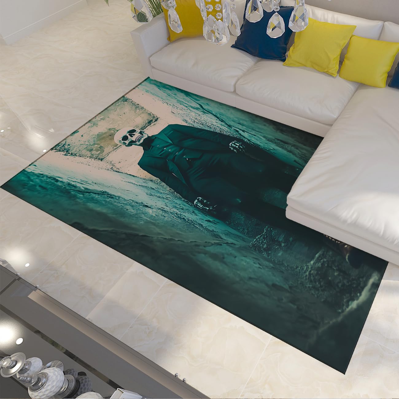 Czaszka dywan 100 x 200 cm Rugs do salonu Męski w ciemnym gotyckim kostiumie miękki zielony abstrakcyjny dywan niepokojące niskie włosie do sypialni nowoczesna dekoracja horroru Halloween