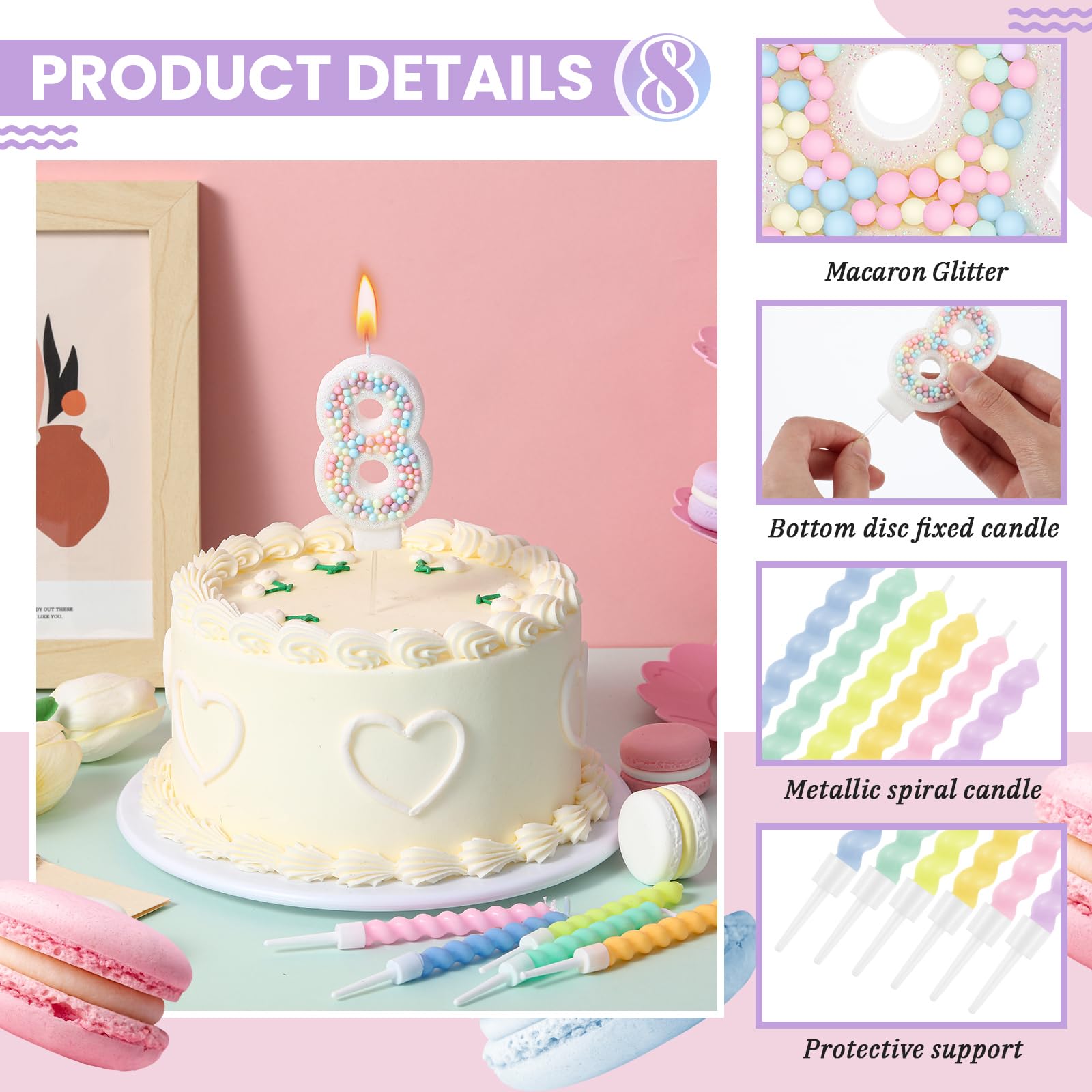 MTLEE Vela de cumpleaños con purpurina de macarrón con números 3D con 12 velas en espiral arcoíris en soportes para decoración de tartas de niña y niño, boda, aniversario, decoración de fiesta