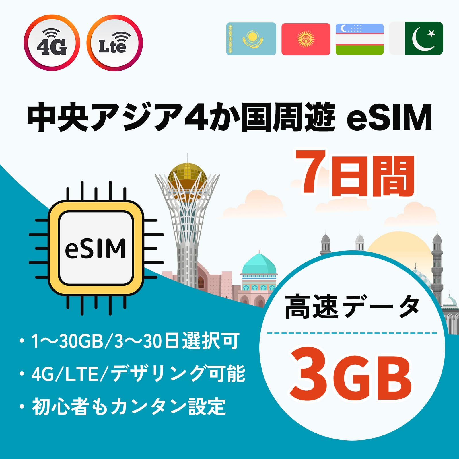 中央アジア4か国周遊 eSIM 7日間 高速データ3GB 低速無制限 利用国：キルギス・カザフスタン・パキスタン・ウズベキスタン データ通信専用 説明書付 (7日間 3GB)