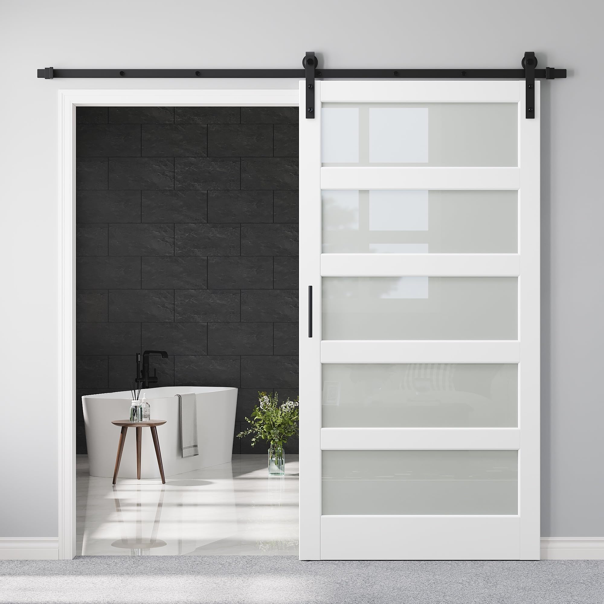 42" x 84" 5-Lites Frosted Glass Sliding Barn Door with 7FT Sliding Door Hardware Kit, Easy Assembly for Mortise and Tenon Structure, Water & Scratch Resistant MDF Barn Doors for Bathroom, Pre-Drilled