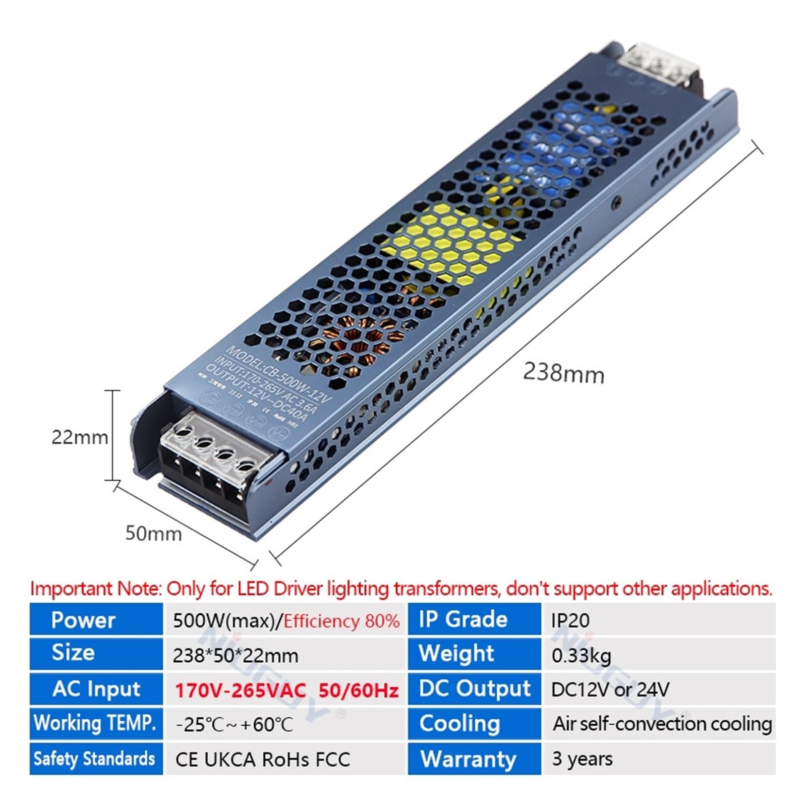 Sterownik LED, Ultracienki transformator oświetleniowy LED DC 12V 24V Zasilacz 60W 100W 150W 200W 300W 400W 500W Konwerter sterownika LED(500Watts,12V)