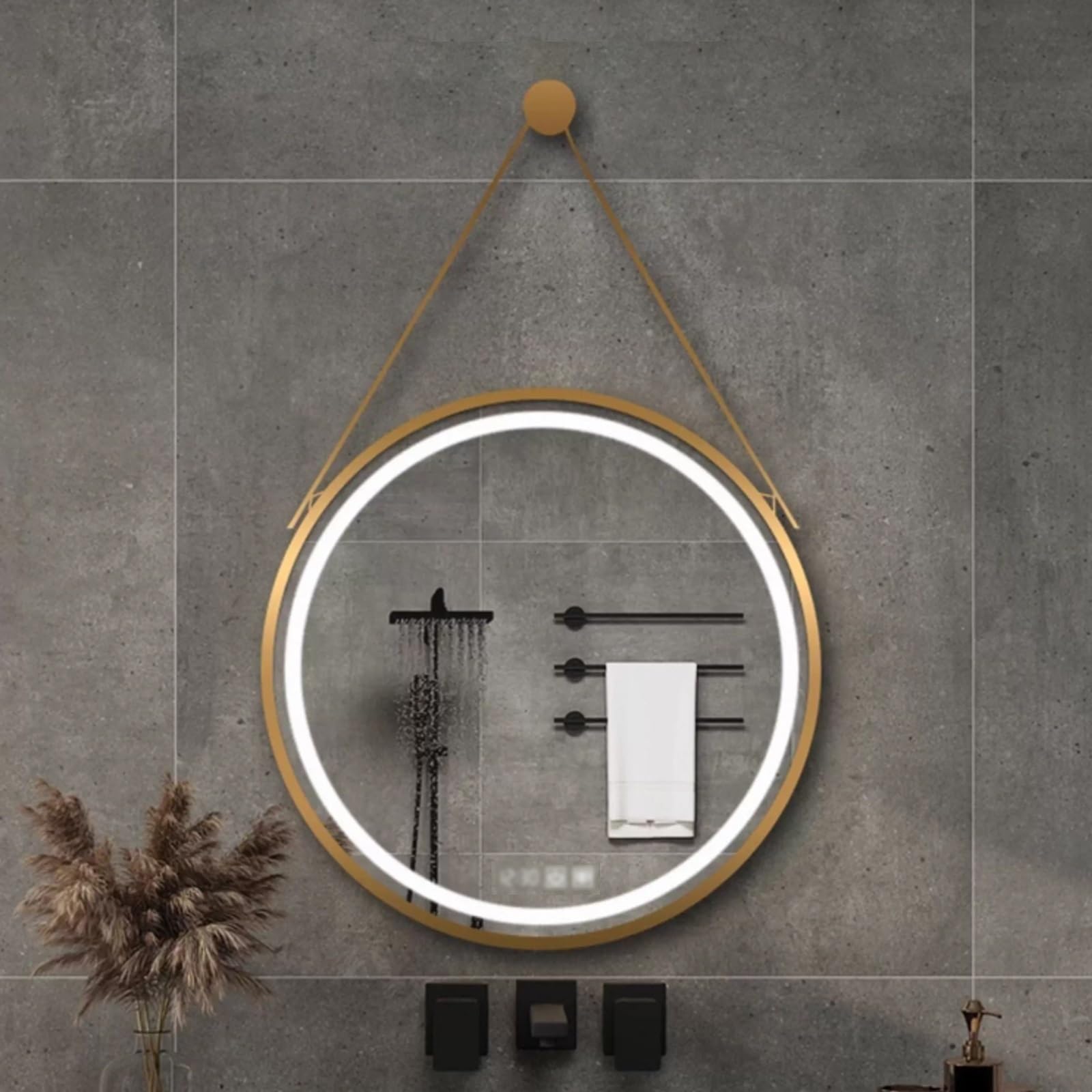 LIDANGUH Round smart bathroom wall vanity mirror, Tri-Colour Dimmable Makeup Mirror with anti-fog film, Aluminum alloy frame, Time and temperature, shatter proof(Gold,60 * 60cm/23.6 * 23.6in)