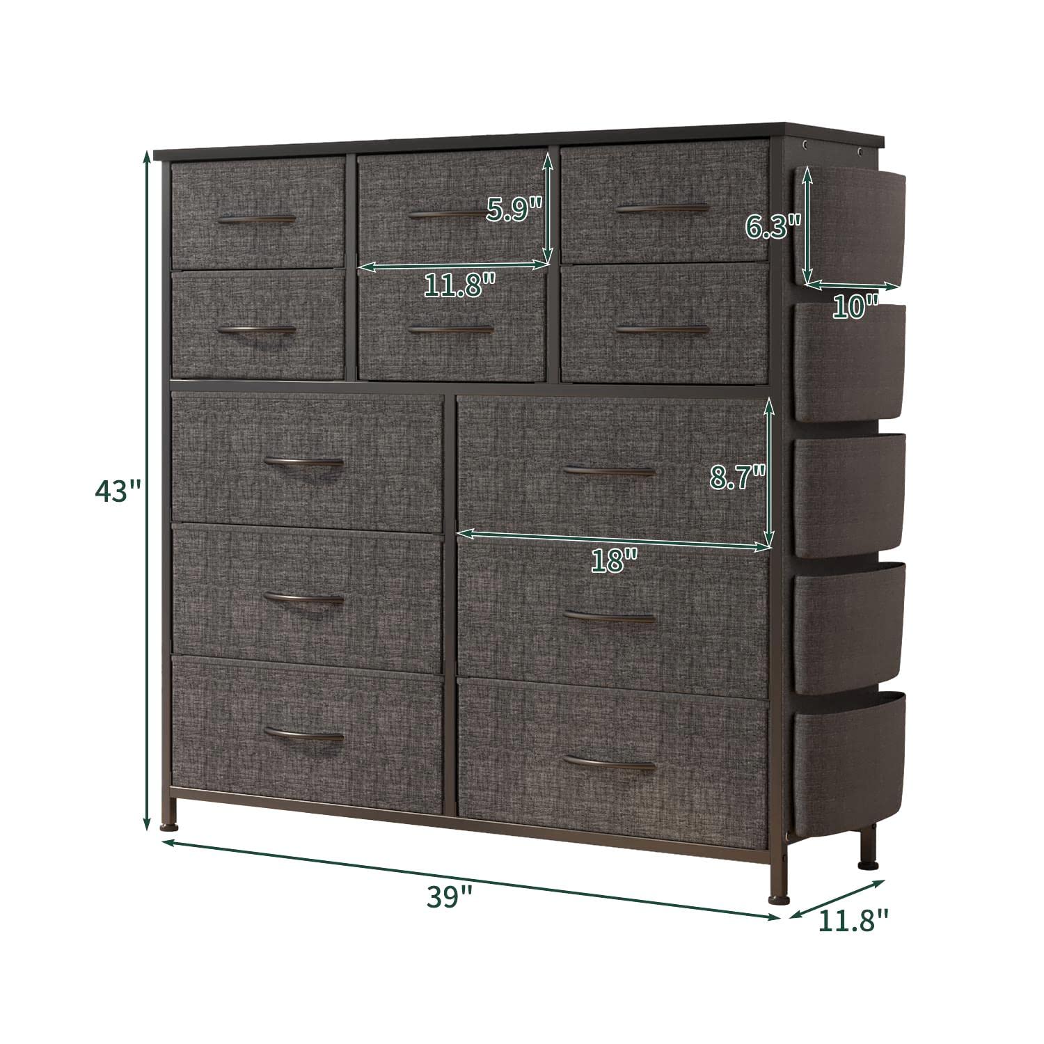12 Dresser for Bedroom, Chest of Drawers for Bedroom with Side Pockets and Hooks, Fabric Storage Dresser, Sturdy Steel Frame, Wood Top, Easy Pull Handle (Gray)