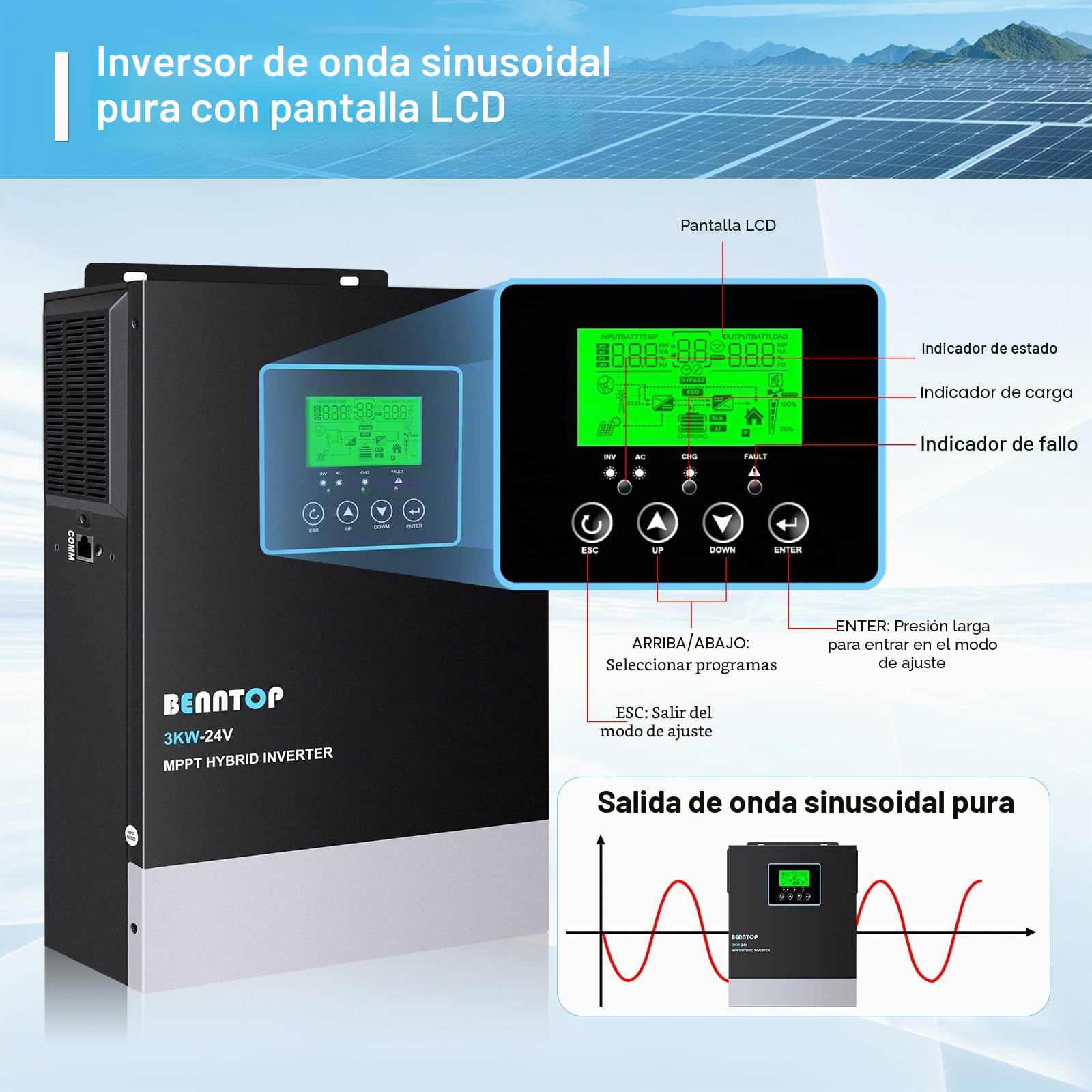 Inversor híbrido 24V a 230v 220v Onda Pura 3000W Off-Grid Solar Inversor,80A MPPT Controlador Solar, MAX.PV 400Vdc,admite baterías de Plomo-ácido y Litio