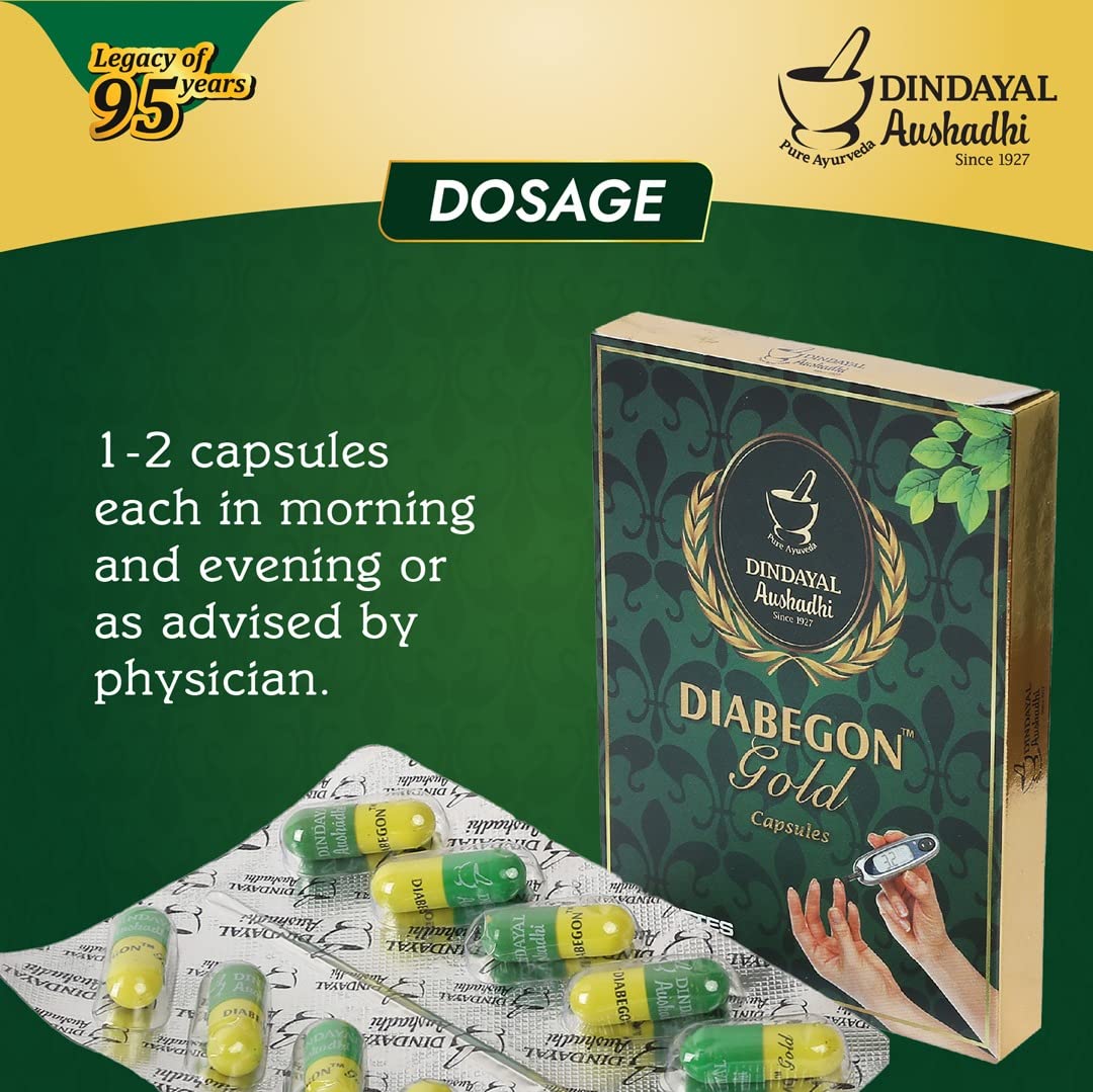 Dindayal Aushadhi - Diabegon Capsule Diabetic Care (Gold) - | Ayurvedic Diabetes Medicine - Sugar Medicine | Extracts with Bahera, Haritki, Amlaki, Pippali, Sunthi etc.| (Pack of 3 (30 Cap)) 3
