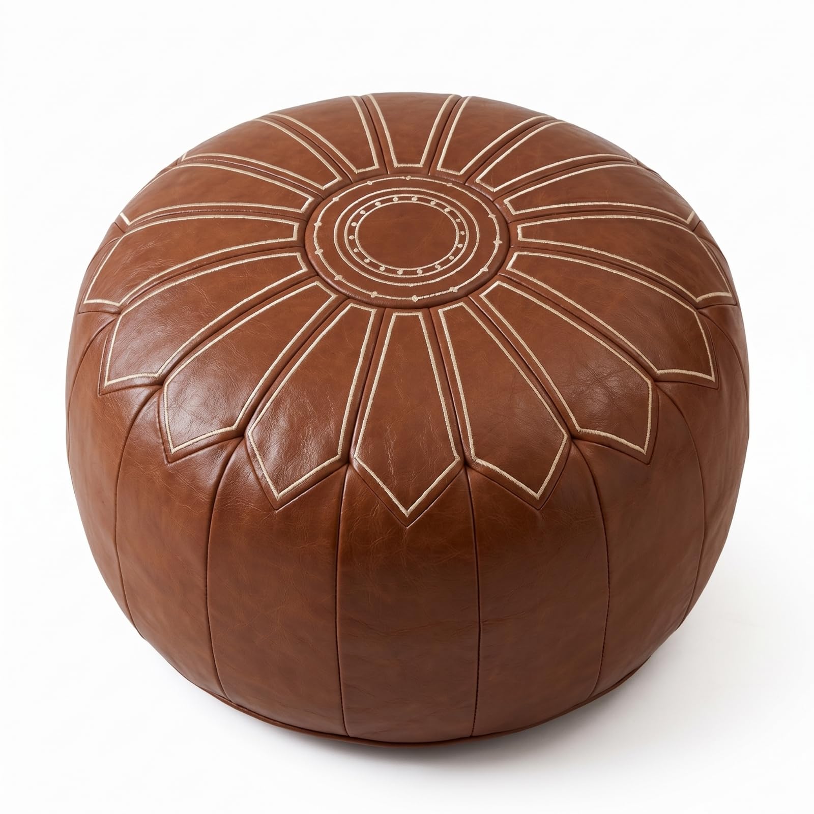 predolo Pouf Imbottito Rotondo Cuciture a Pannelli Pouf Decorato Ricamo Floreale, Marrone Scuro