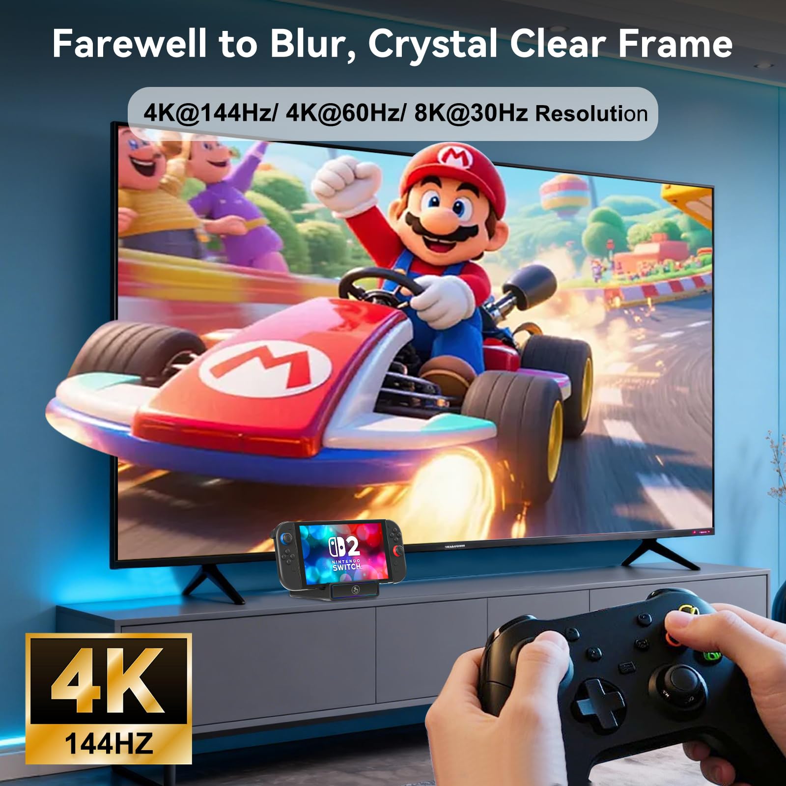 Switch 2 Dock per TV, Stazione di Docking Portatile Compatibile Solo con Console Nintendo Switch 2, Supporto di Ricarica Switch 2 con Uscita HDMI 4K@144Hz/Ingresso di Ricarica 100W/USB3.0 [Non per 1