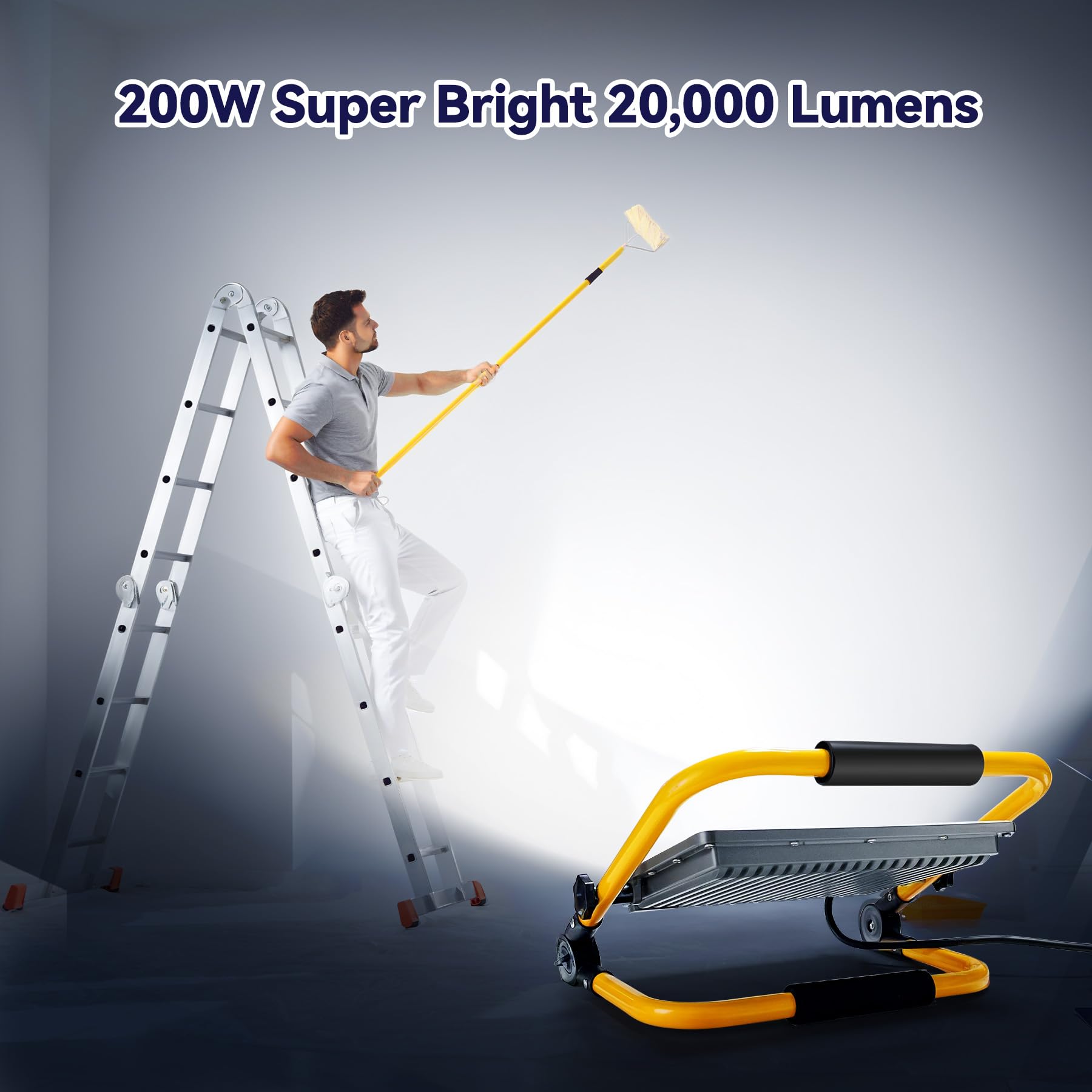 Projecteur LED Chantier 200W - Étanche IP66,Lumière Blanche 6500K, 20000 Lumens avec Prise Schuko et Cordon de 4M - Idéal pour Les Chantiers de Construction et Les Travaux de Plâtrerie