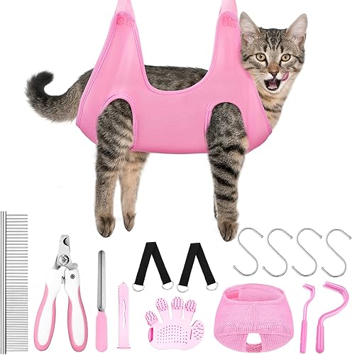 Miniatura 8 de Hamaca de aseo 14 en 1 para perros y gatos, hamaca de aseo para gatos, con bolsa de sujeción para hamaca para gatos, recortadora, peine de mascotas,
