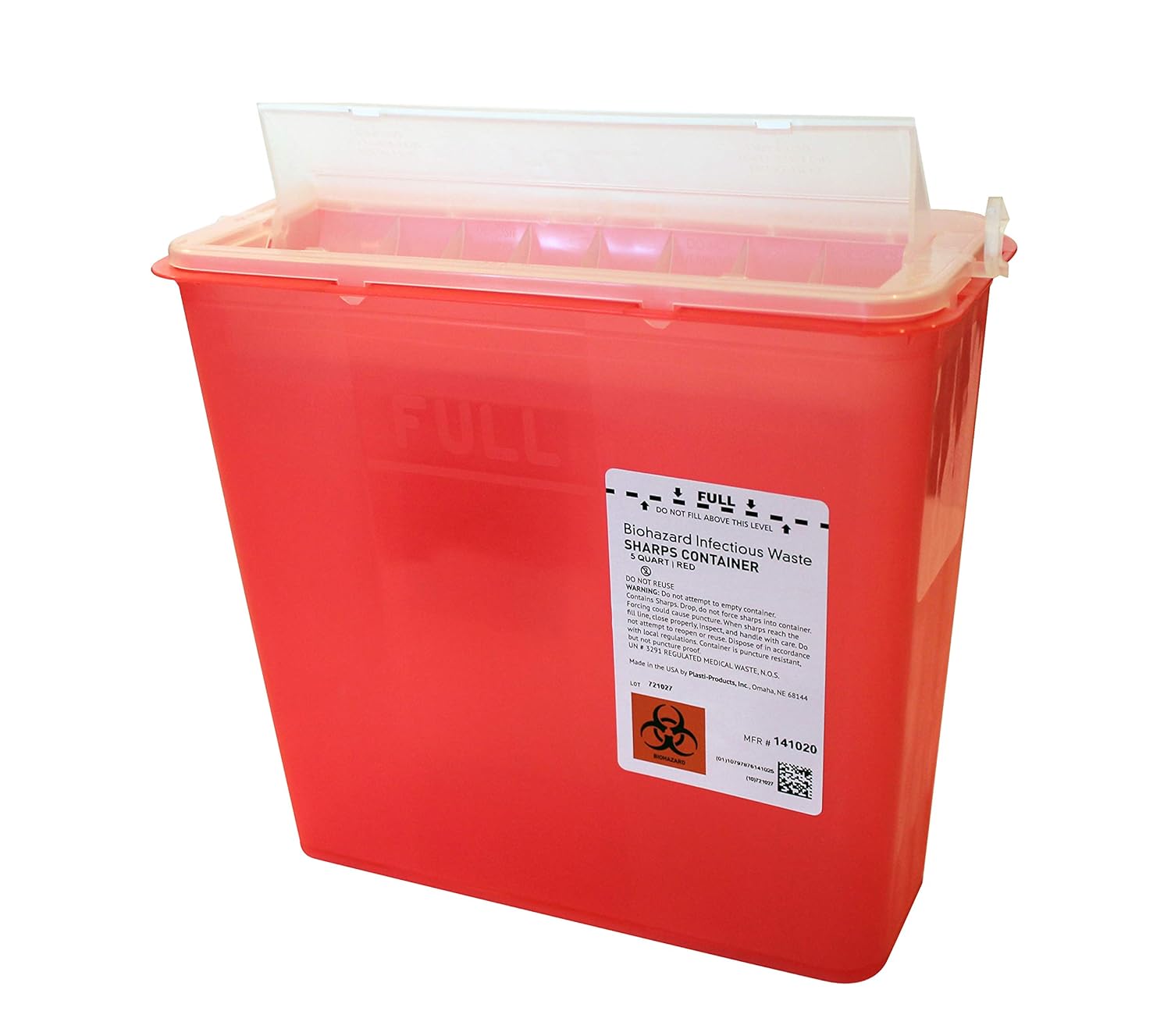 PlastiProducts 141020 Wall Mounted Sharps Container, 5 Qt, Red (Pack of 20