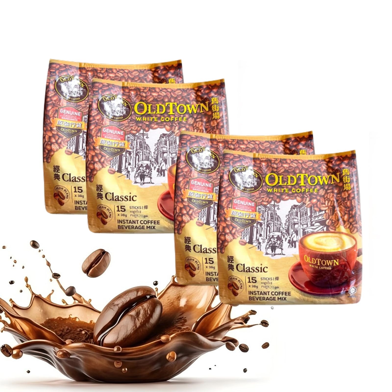 (4 Pack - Classic) Old Town White Coffee, 3 in 1 Classic White Instant Coffee (60 Sticks) Expired Date 08/15/2026