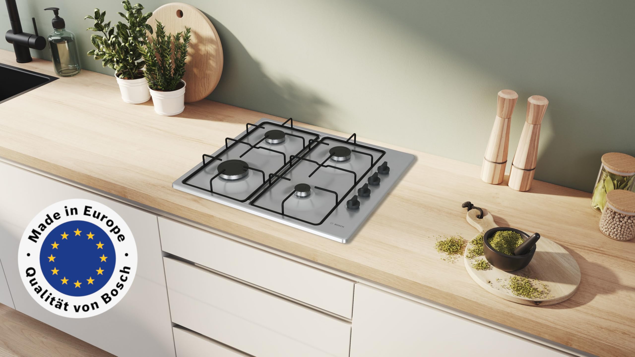 Bosch PBP6B5K80 Serie 2 Gaskochfeld, 60 cm, 4 Kochzonen, Thermoelektrische Zündsicherung, Sicherheits-Gasabschaltung, Düsensatz für Flüssiggas, Seitliche Bedienknebel, Edelstahl