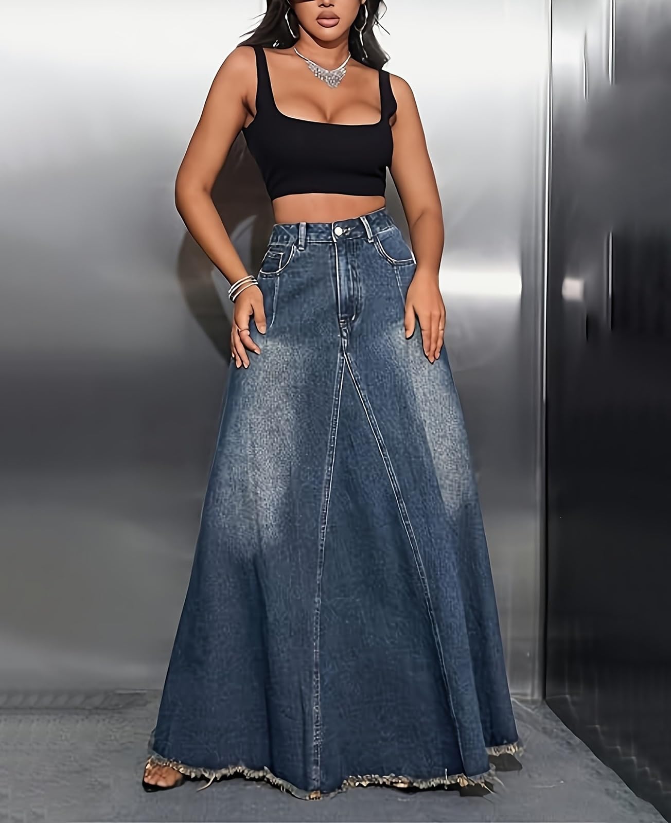 Gonne in Denim di Lunghezza Vintage da Donna, gonne Lunghe in Jeans Maxi Linea A