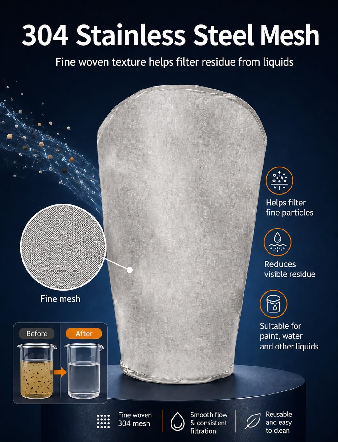Sacchetti filtro liquidi in acciaio inox, a maglia fine, cilindrici, per vernice, olio, diesel, filtraggio dell'acqua, riutilizzabili, uso industriale, dimensione del foro 0,033 mm