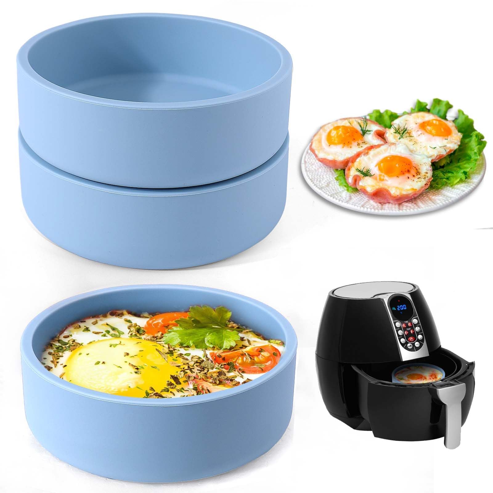 Silicone Air Fryer Egg Mold, 3 Pcs Reusable Nonstick Egg Bites Pan with Lid, Sous Vide Egg Bite Maker, Alternative to Microwave Egg Cooker, Dishwasher Safe, BPA Free, Air Fryer Accessories, Blue