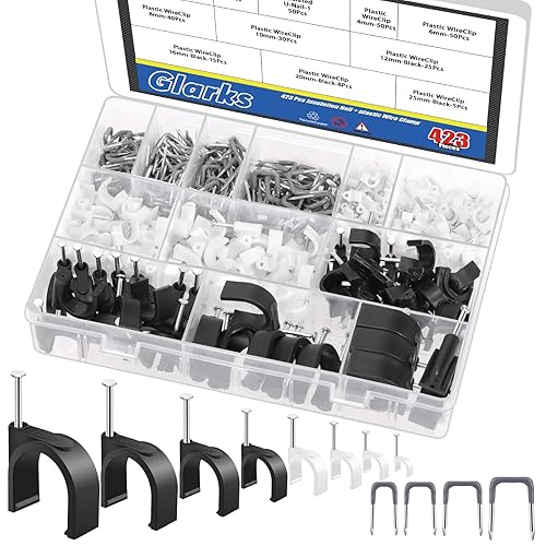 Glarks 423 clips de cable con clavo de acero y kit de clavos aislados en U, 223 piezas M4681012162025, 200 piezas de clavos eléctricos de grapas en