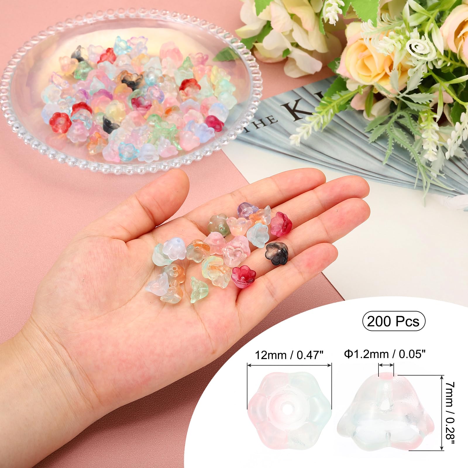 PATIKIL Glass Trumpet Flower Beads, 200 Pcs Gradient Flower Bead Charm for DIY Craft Decorations Pink, Green - Image 2