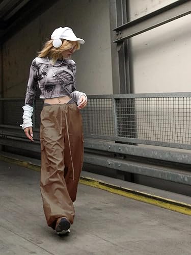 Miniatura 4 de Xineicy Pantalones de paracaídas para mujer, con cordón, holgados, cargo Y2K, pantalones deportivos de tiro bajo