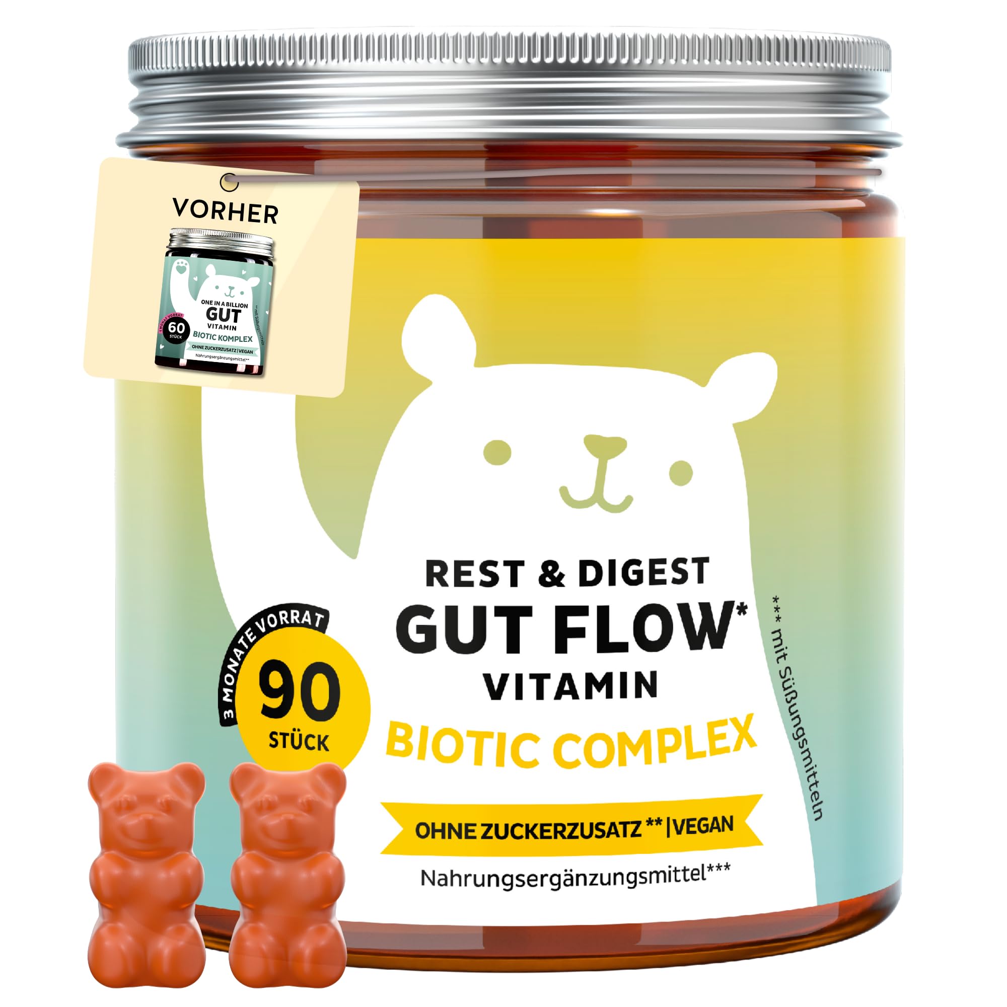 Bears with Benefits - Gummibärchen Bromelain - Probiotika - 90 Stück | Rest & Digest Gut Flow - Probiotika e Bromelain, Inulin,Vitmain B6 - Vorrat für 3 Monate - Ohne Zuckerzusatz, Vegan