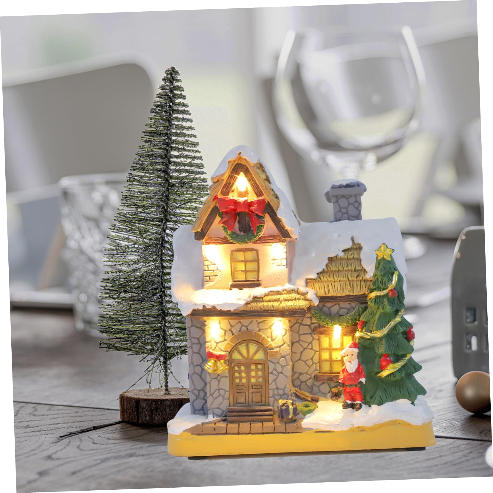 KOMBIUDA Casa Decorativa Natalizia con Pupazzo di Neve Scena in Resina Mini Casa Illuminata Decorazione Invernale per Casa E Ufficio