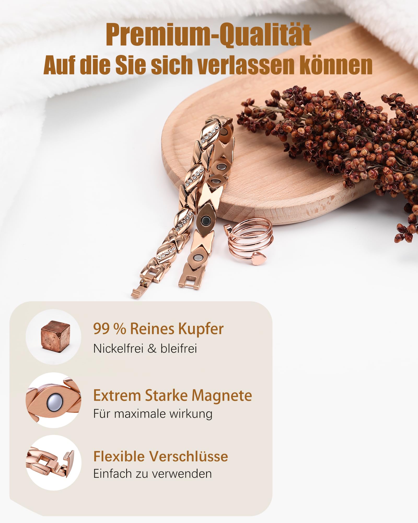 Jeracol kupferarmband damen mit magneten – Verstellbares Magnetarmband damen aus 99,9 % reinem Kupfer, Geschenkbox
