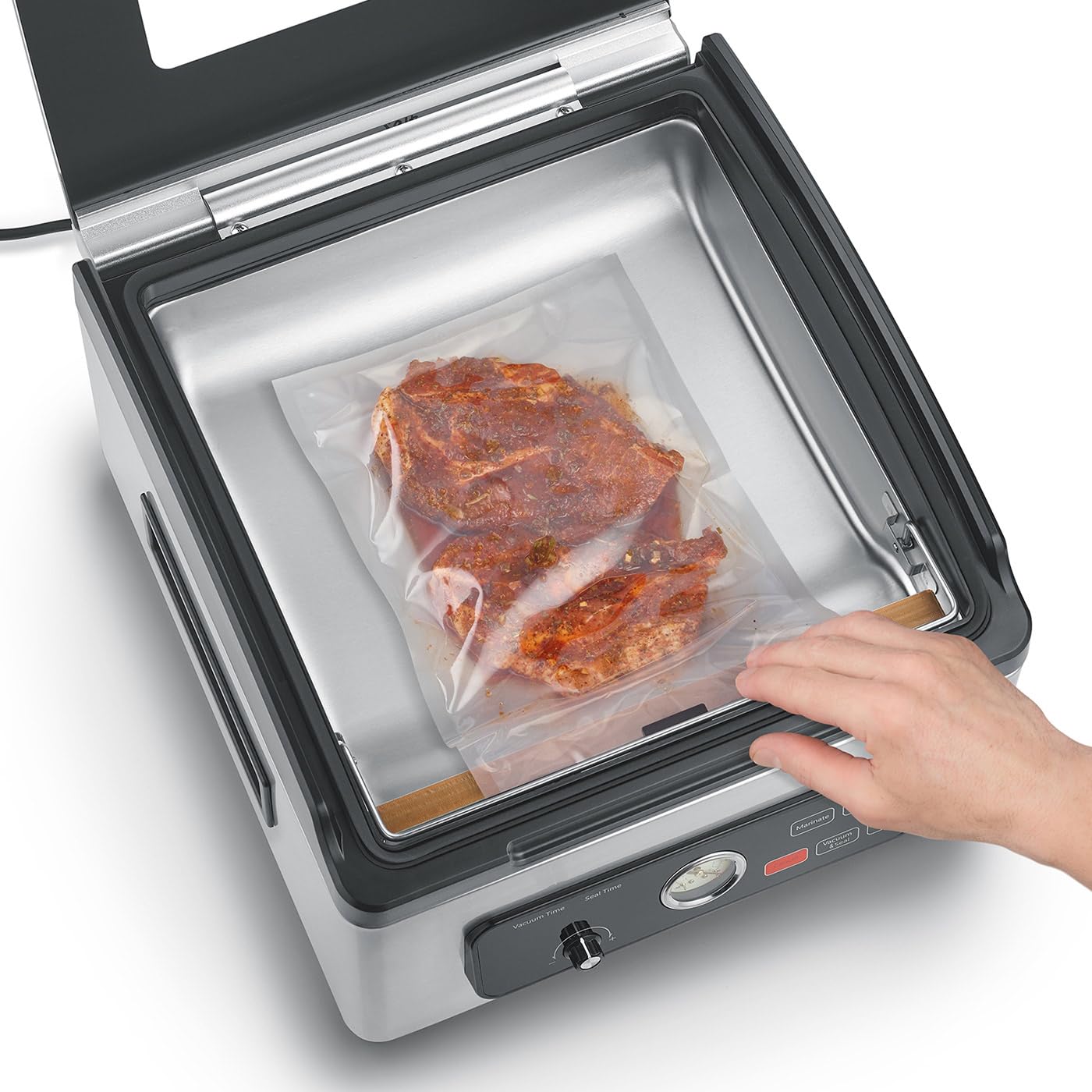 CASO VacuChef 700 - Sellador al vacío de cámara de acero inoxidable de 8 litros, fuerte bomba de vacío profesional de 70 litros/minuto, tapa de vidrio templado, para alimentos
