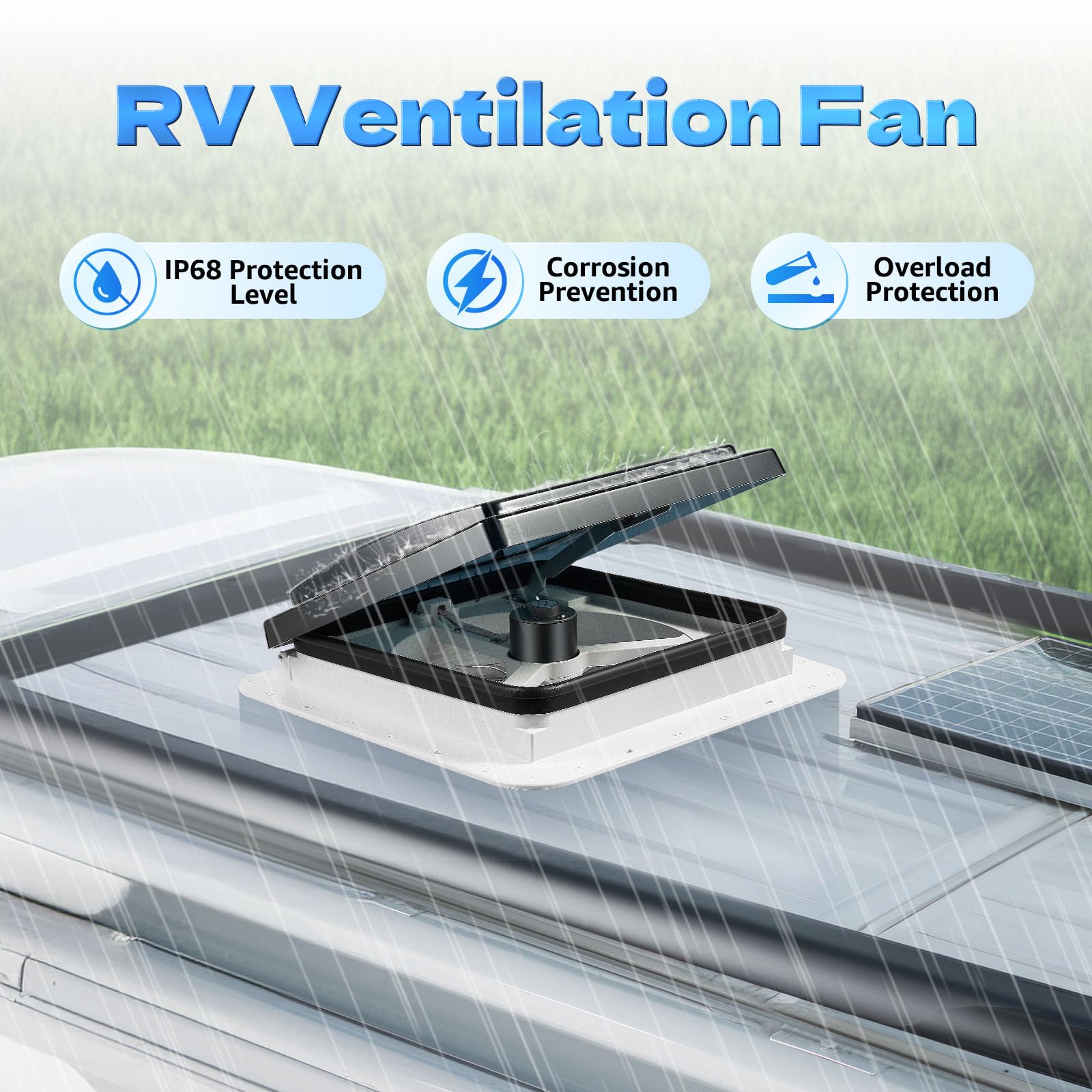 Ventilador para vehículos recreativos, ventilación para autocaravanas, ventilador de techo, LED integrado, resistente al agua IP68, 12V, 10 aspas reversibles, iluminación interior, protección contra