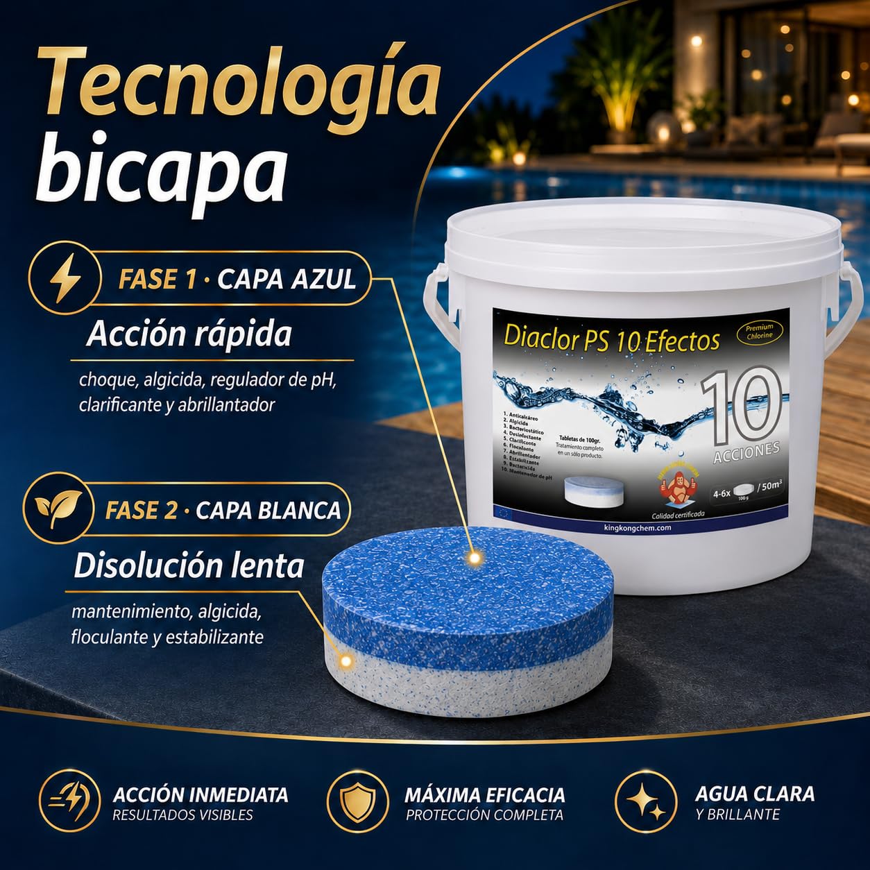 Cloro Total para Piscinas DIACLOR PS 10 Efectos 3 KG - 30 Pastillas de Cloro Multiacción (100 gr) - Tratamiento Completo Profesional 10 Acciones -