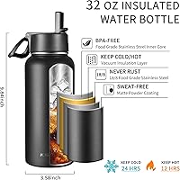 Vista 2 de Botella de agua aislada de 32 onzas, botella de agua deportiva de acero inoxidable, 2 tapas con tapa con popote, tapa de boquilla, botellas de agua