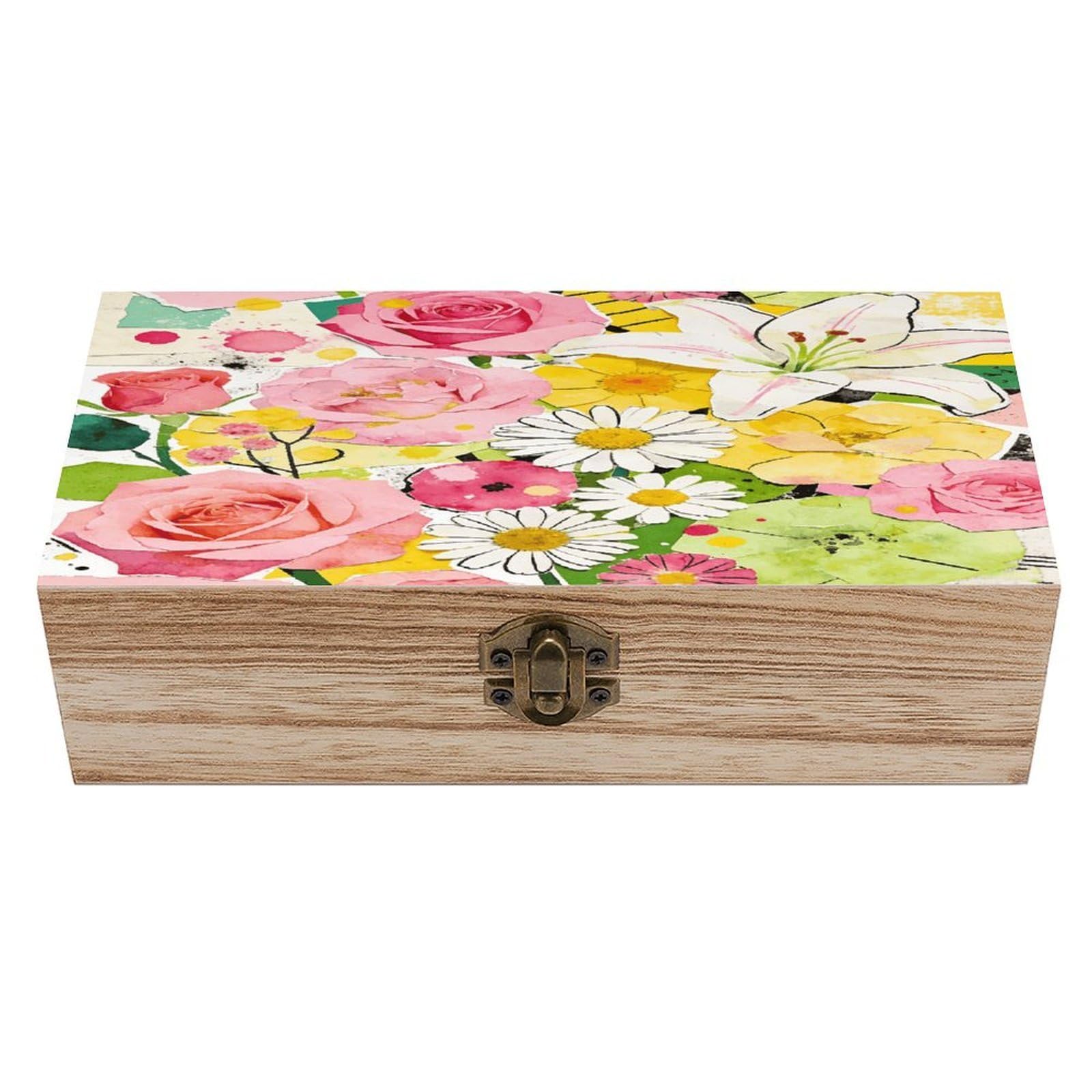 LZQPOEAS Floral Collage Wooden Keepsake Box Wooden Storage Box Container with Hinged Lid Beautiful Wood Memory Box Decorative Jewelry Case for Crafts Art Hobbies & Trinket Storage