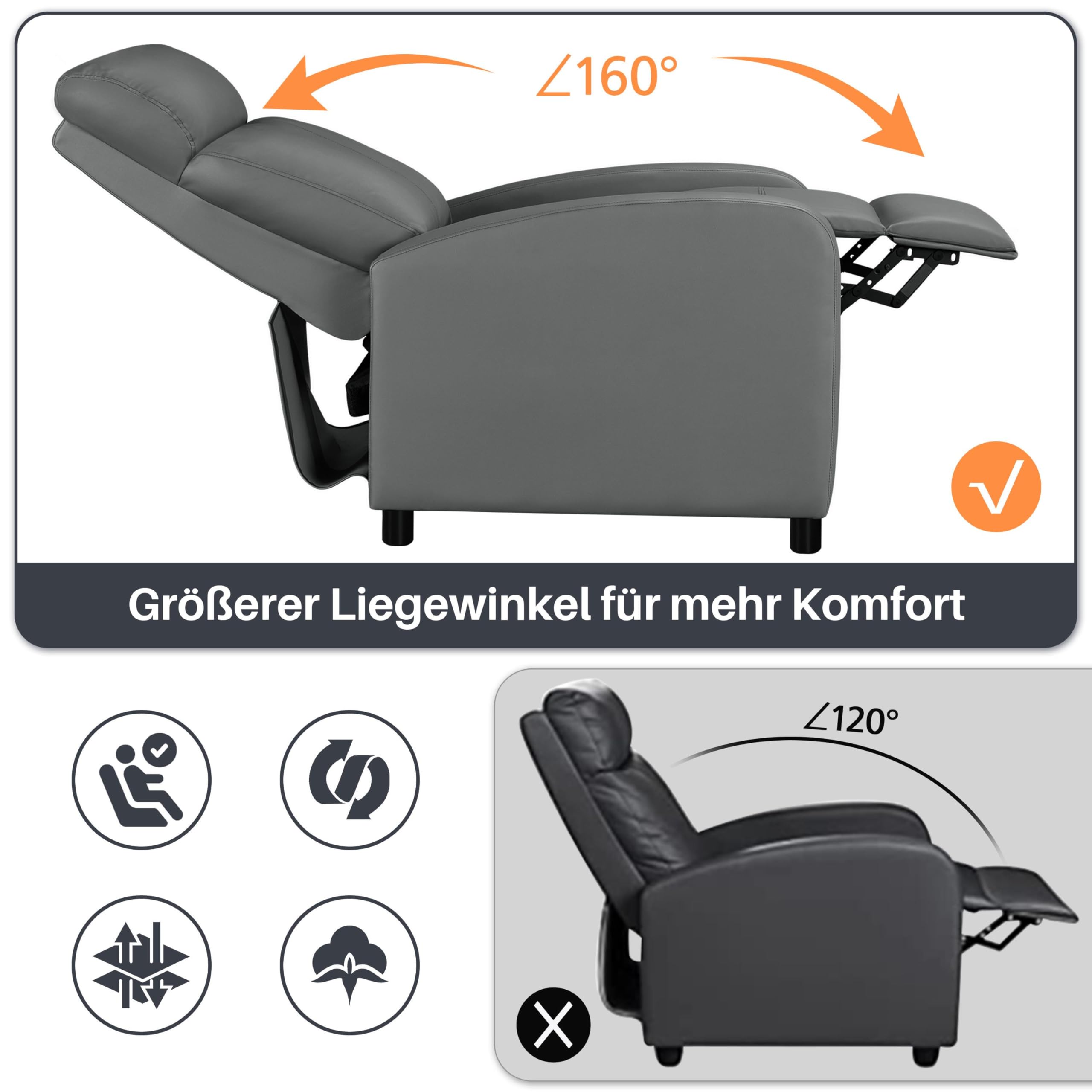 Yaheetech Ruhesessel Relaxsessel Liegesessel mit Verstellbarer Fußstütze und liegefunktion Fernsehsessel aus Kunstleder Einzelsofa 160° neigbar