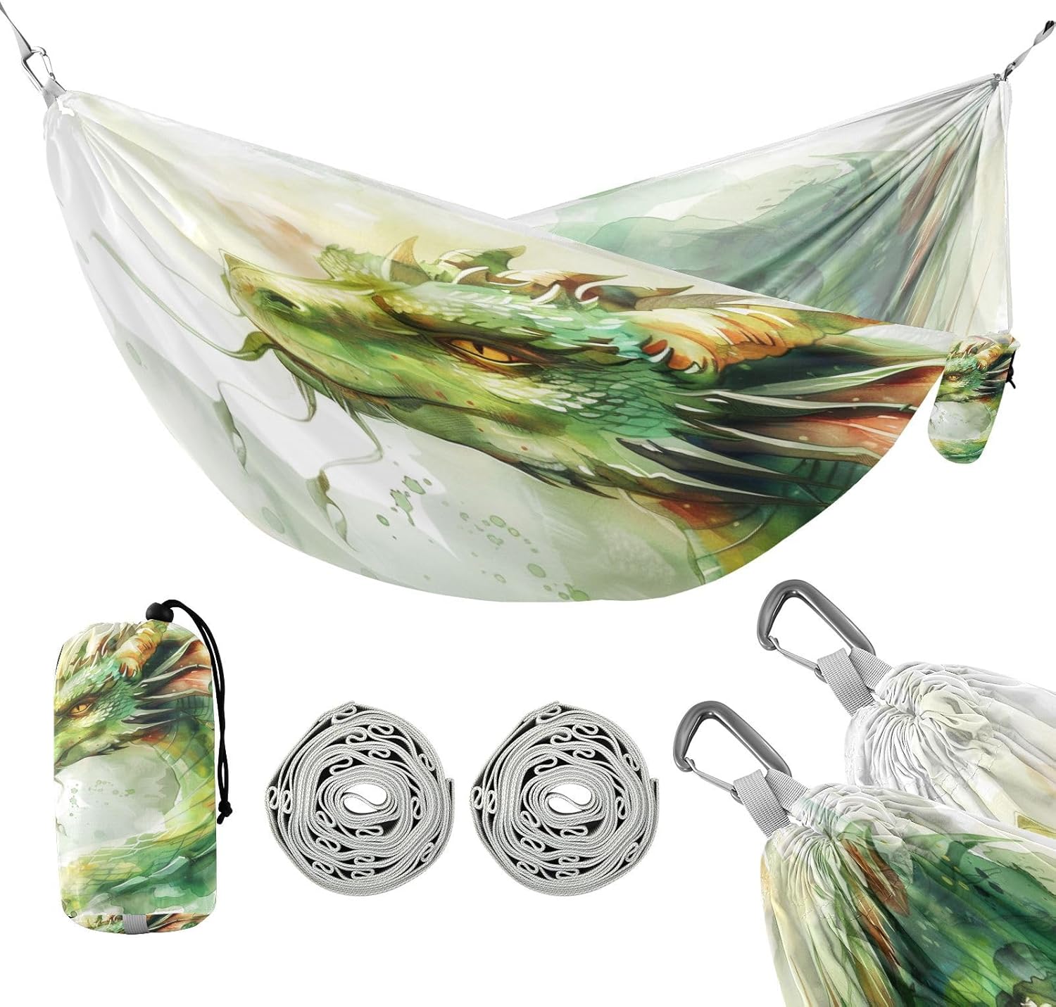 ALAZA Green Dragon Portrait Camping Hammocks Single or 2 Person 500 lbs Portable Parachute Travel Hammock w/Tree Straps for Hiking Backpacking Indoor Outdoor