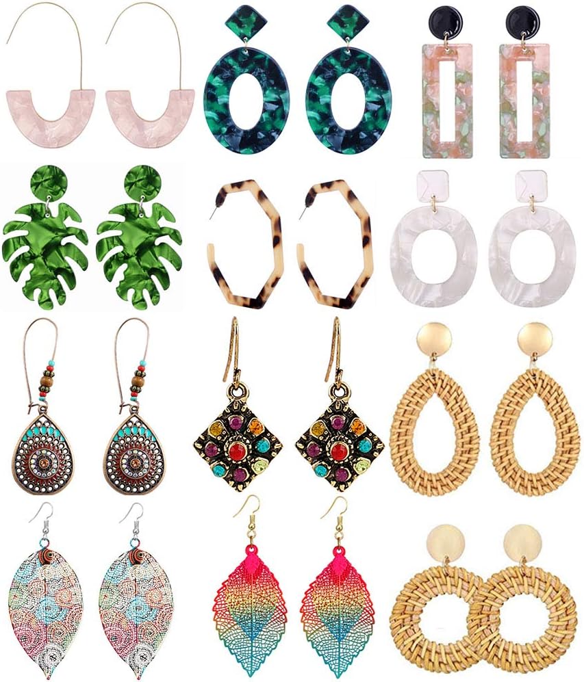 12 Pairs Acrylic Earrings for Women Drop Dangle Leaf Earrings Vintage Retro Resin Bohemian Statement Rattans Boho Earring sets