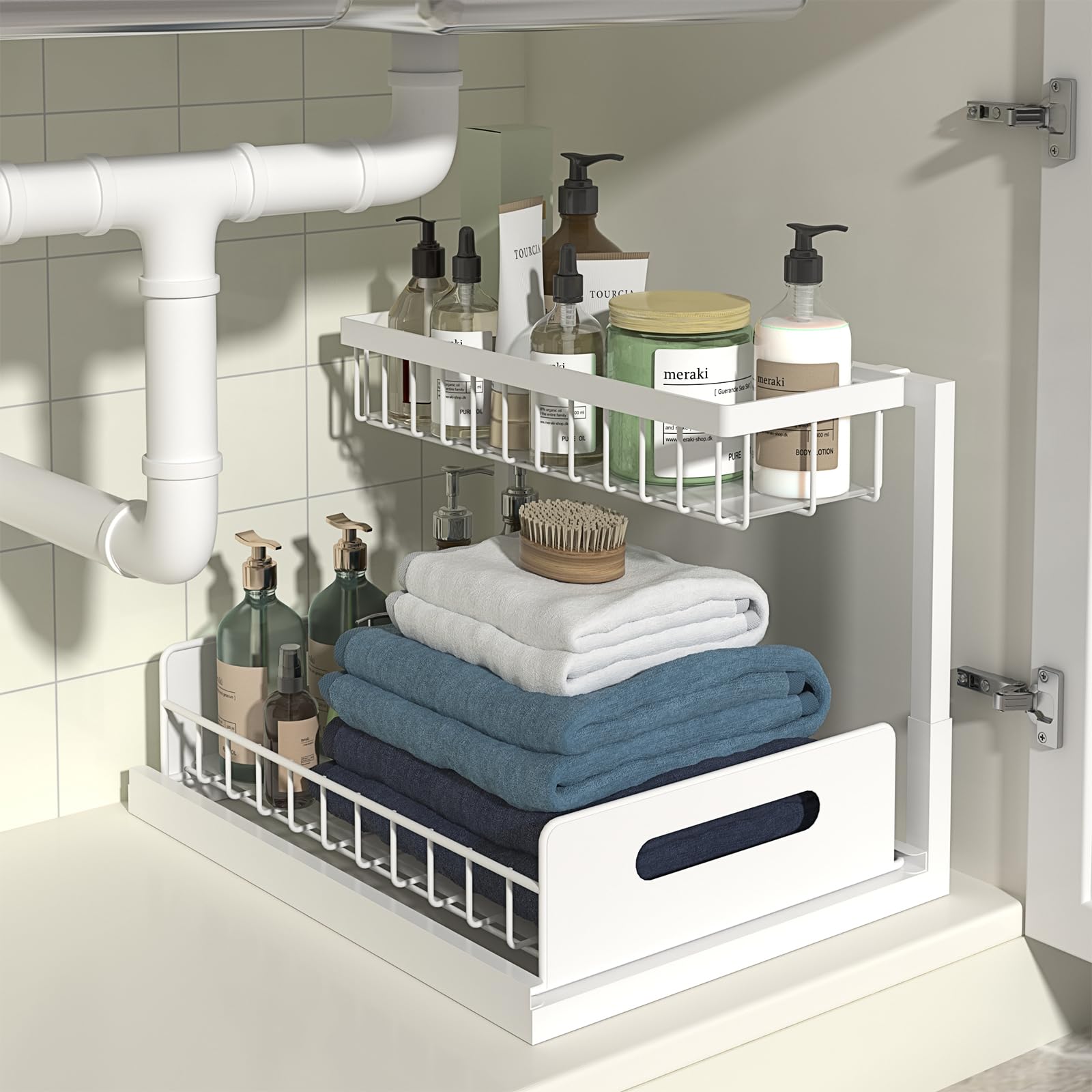 Merrylun Under Sink Organizers, Metal Pull Out Under Sink Organizers and Storage Shelves with Sliding Drawer, Under Sink Storage for Kitchen, Bathroom, White