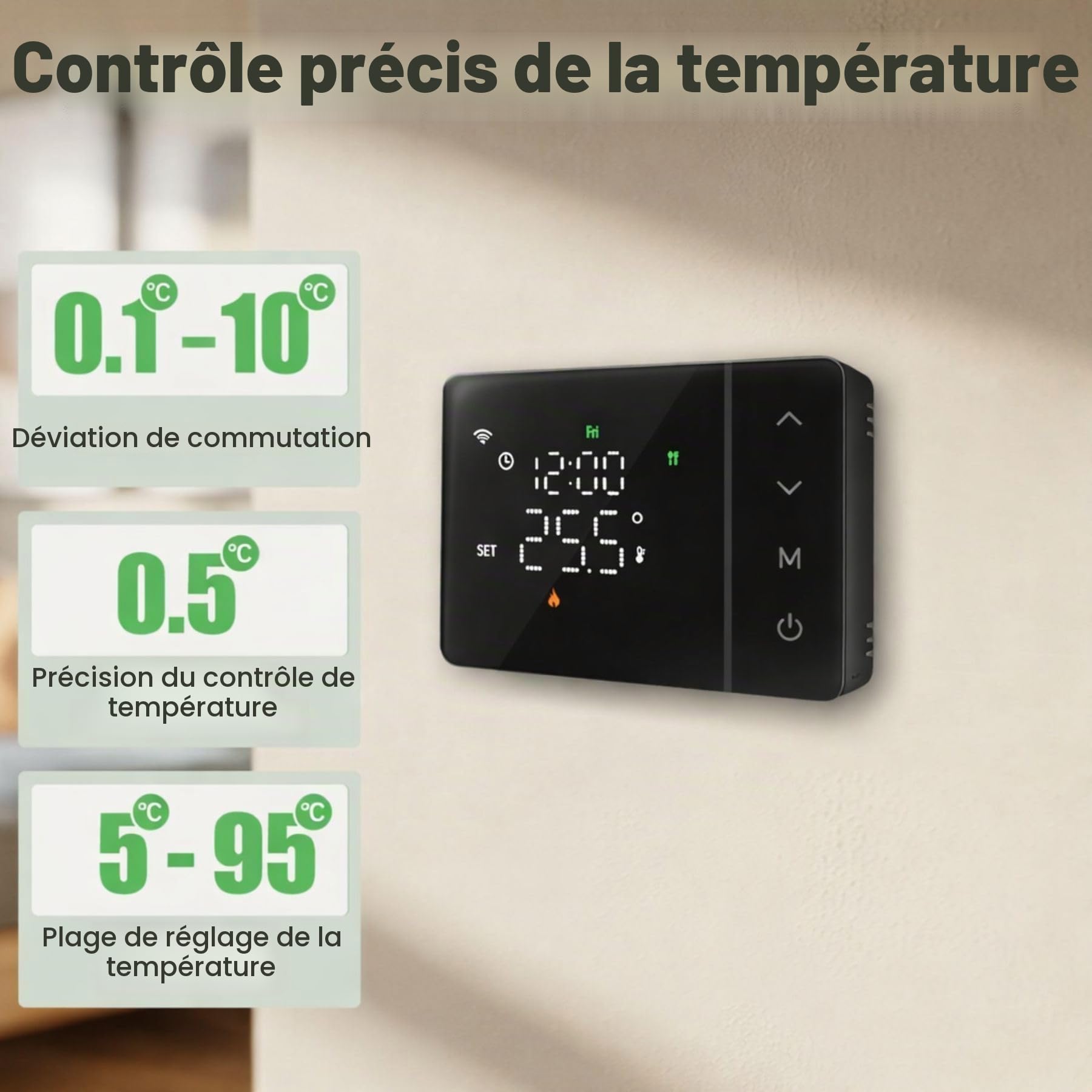 Thermostat Connecté WiFi à Piles pour Chaudière Gaz, Noir, Thermostat d’Ambiance Programmable Hebdomadaire, Écran Tactile, Contrôle Via APP Tuya Smart Life, Montage Mural ou Encastré