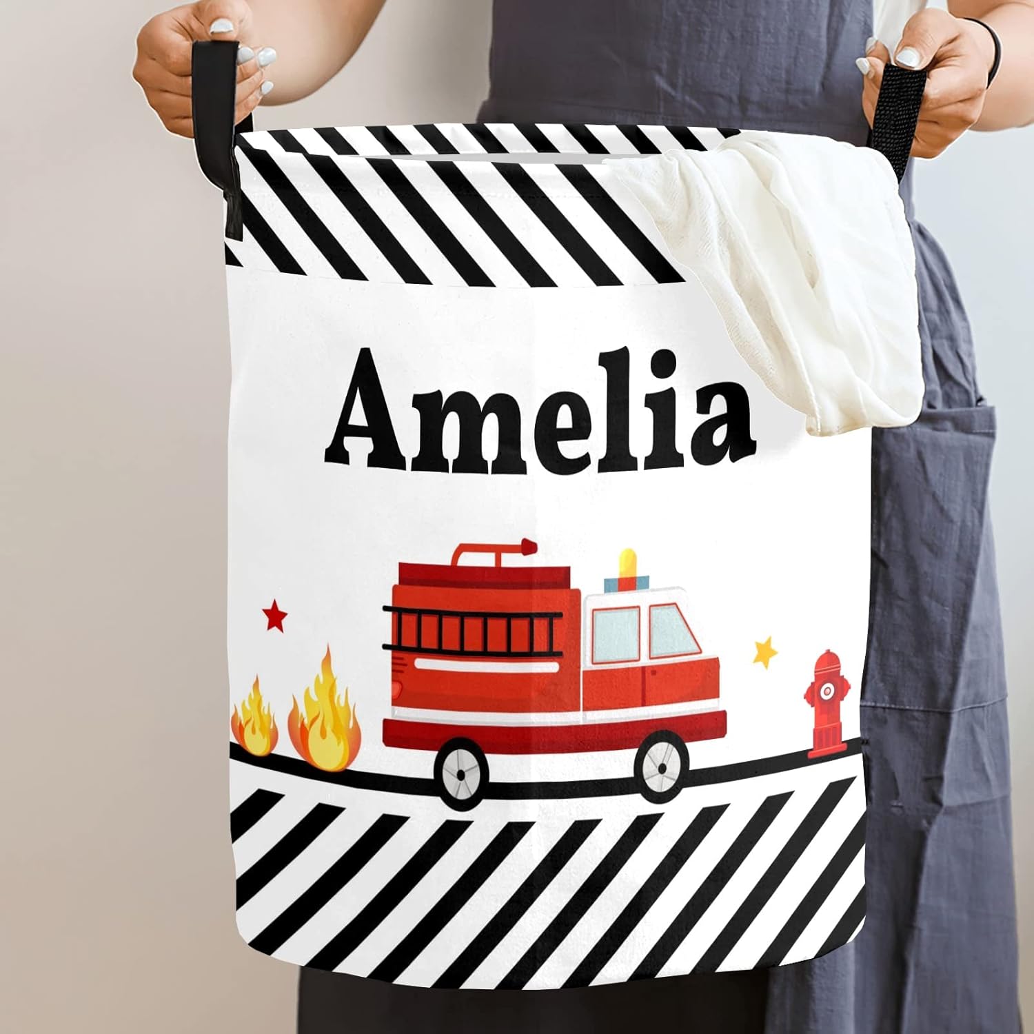 Fire Truck Personalized Laundry Basket Clothes Hamper with Handles Waterproof,Collapsible Laundry Storage Baskets for Bathroom,Bedroom Decorative 19.7"Hx14.2"D