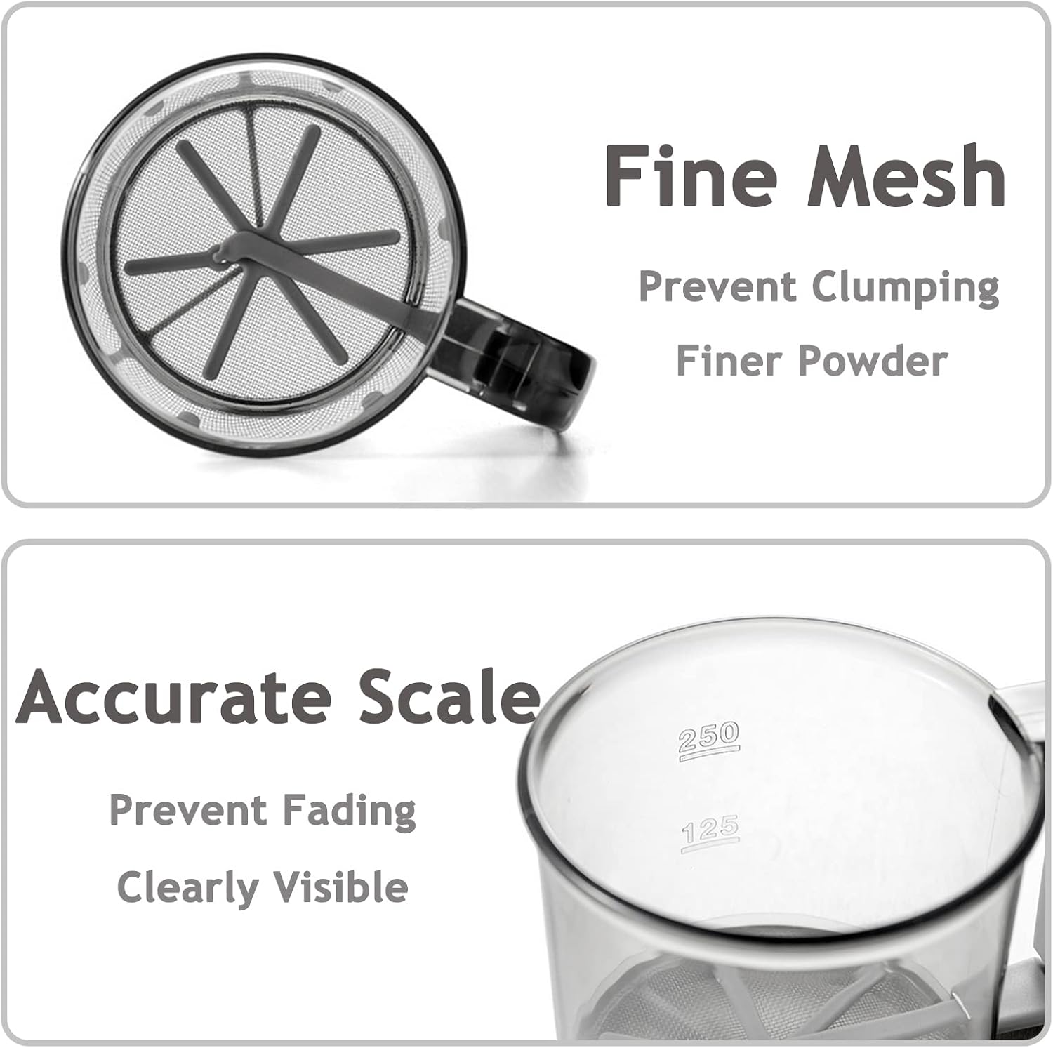 Flour Sifter for Baking, Hand Press Manual Flour Sifter with Fine Mesh, Portable Sifter for Flour, Powdered Sugar, Cocoa, Gray