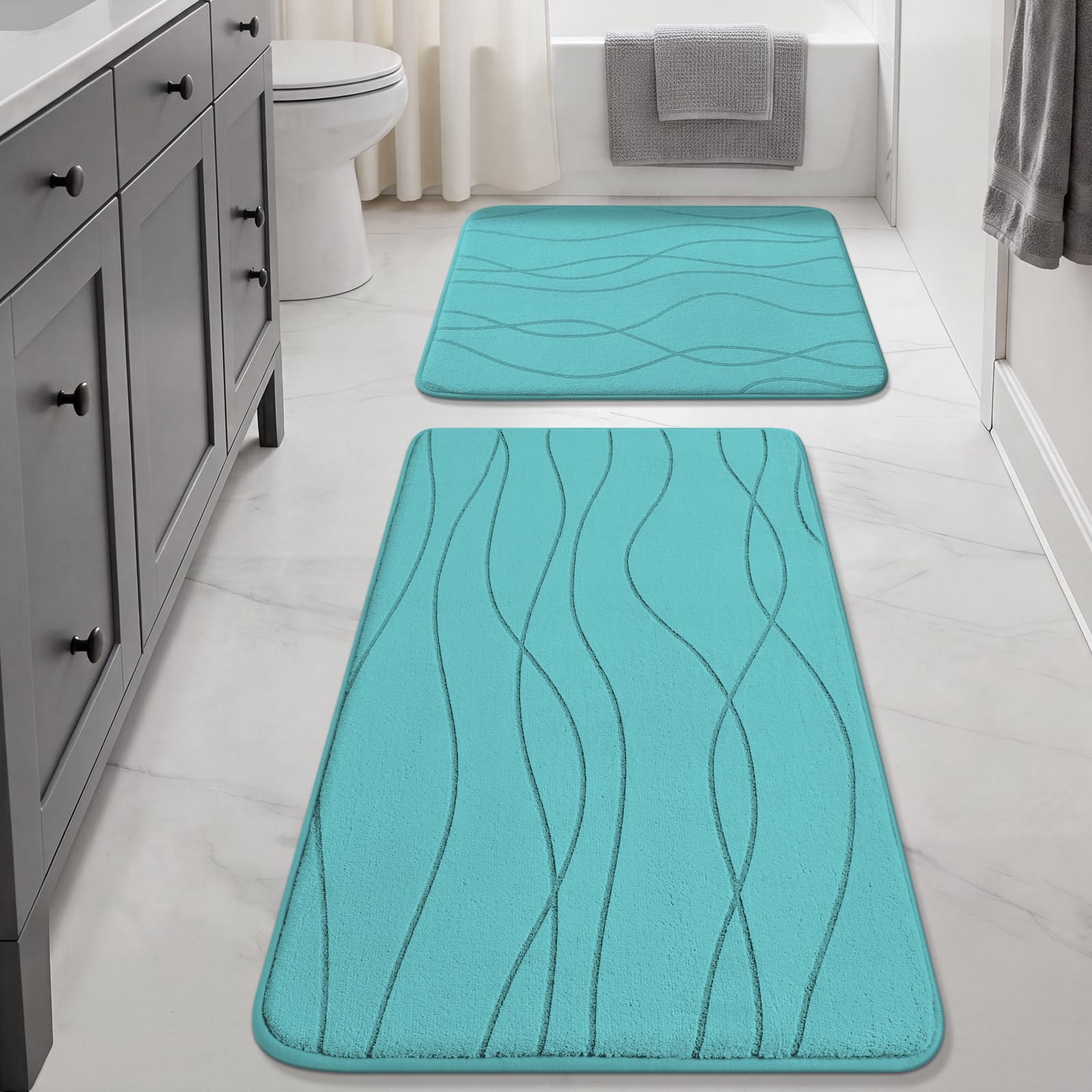 YIHOUSE Bathroom Rugs Set 2 Piece, Memory Foam Bath Mat Teal