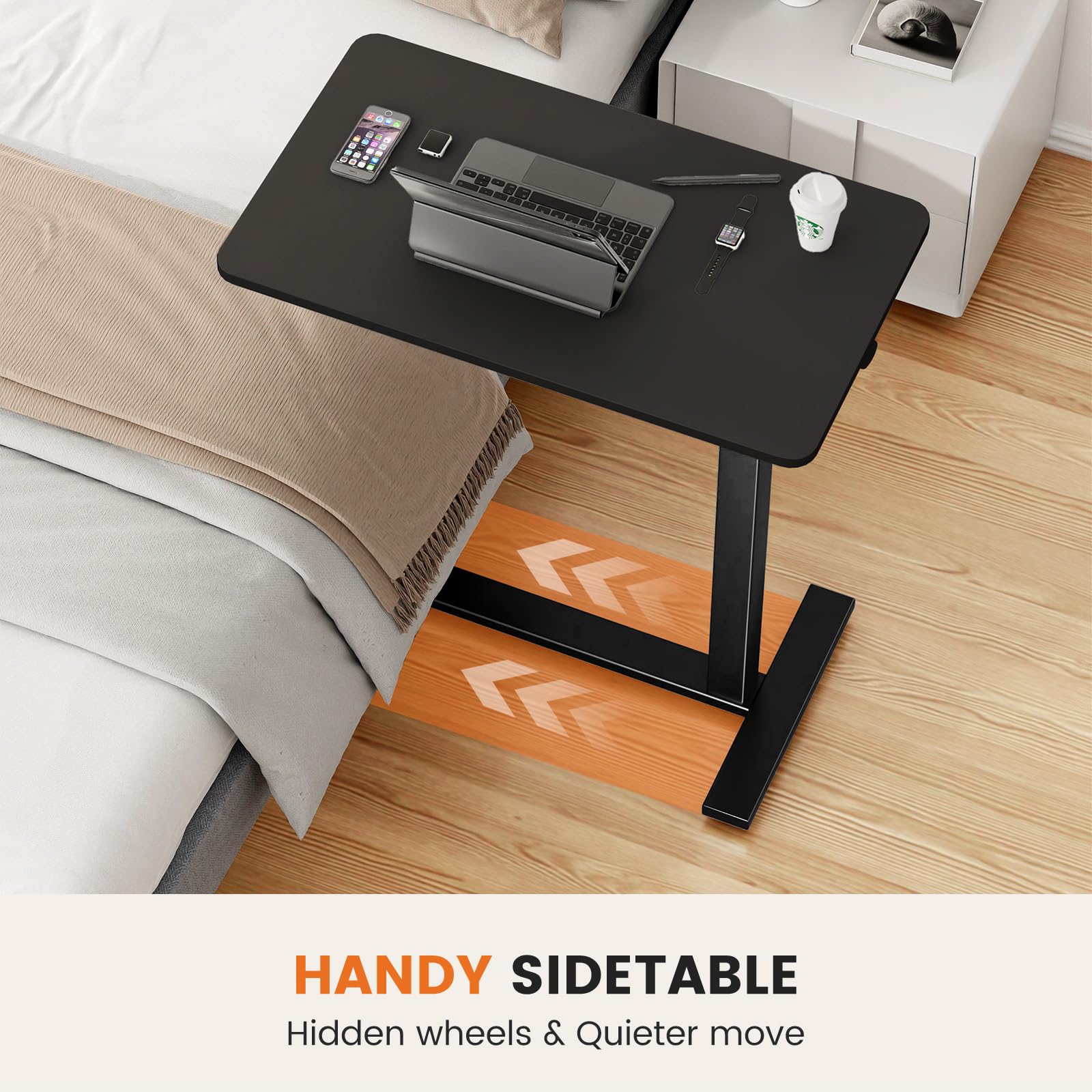 Sweetcrispy Overbed Bedside Table with Wheels, Adjustable Hospital & Home Use Bed Table, Rolling Laptop Table, Mobile Standing Desk, Black
